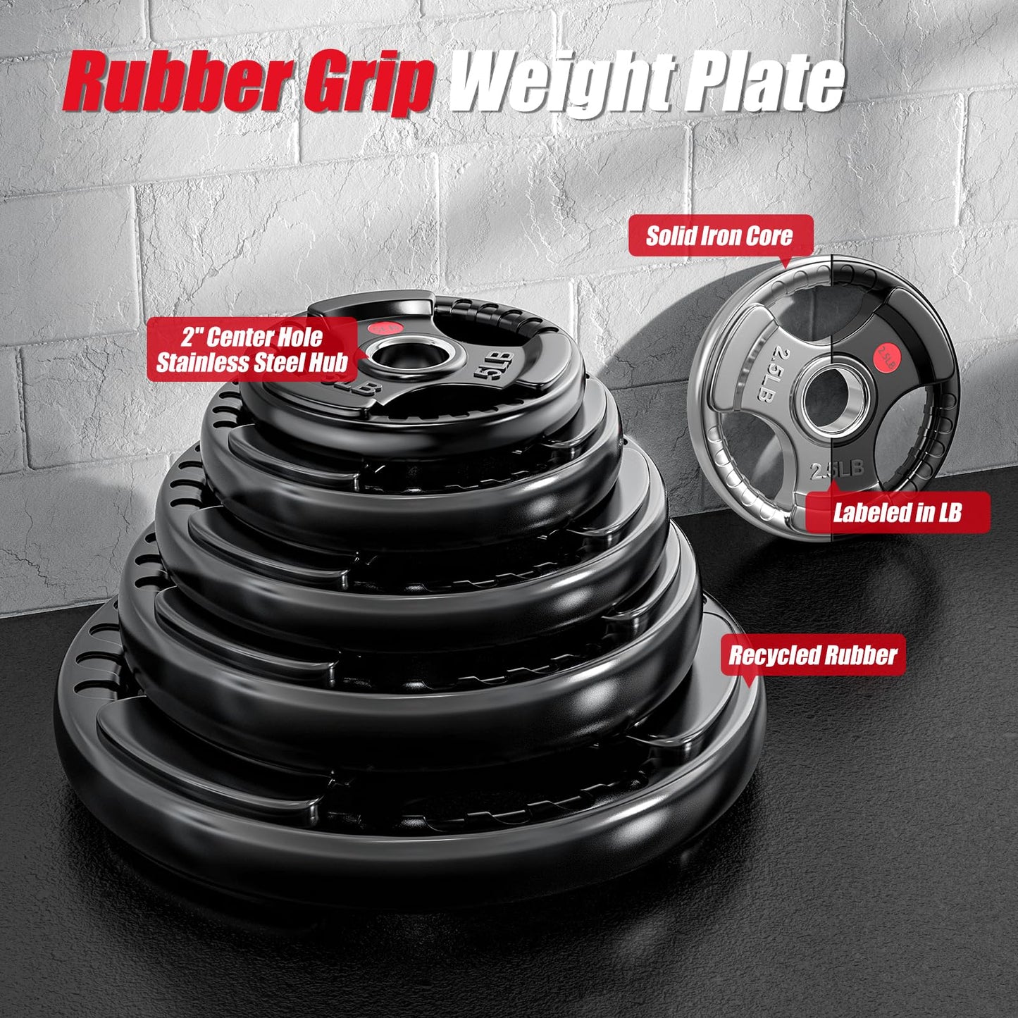 GIKPAL 2-Inch Rubber Olympic Grip Weight Plates, Barbell Plates for Strength Training and Weightlifting – 2.5, 5, 10, 25, 35, 45 lbs Options for Home or Gym