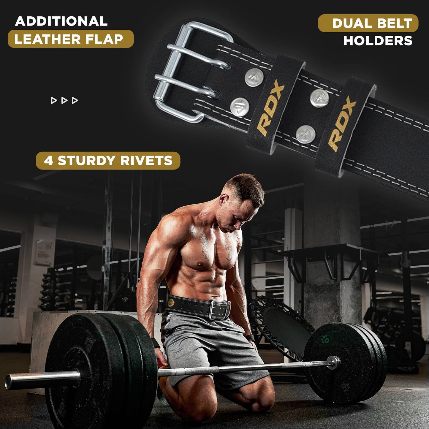 Leather Weight Lifting Belt for Men and Women, 4"–6" Padded Lumbar Support with 10 Adjustable Holes for Deadlifts, Squats, and Strength Training