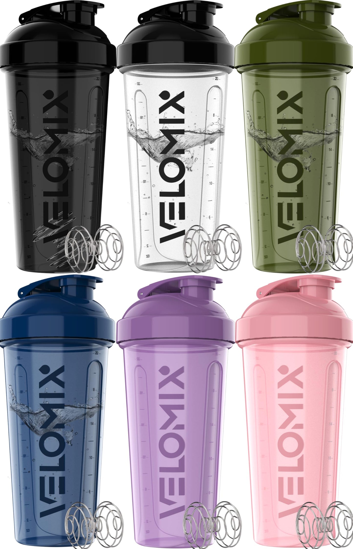 VELOMIX Protein Shaker Bottle 6-Pack (28oz) – Includes 6 Wire Whisks | Leak-Proof Shaker Cups for Protein Shakes & Pre-Workout Drinks | Durable Mixing Bottles for Fitness, Gym, and Smoothies (Dynamic Fuel Series)