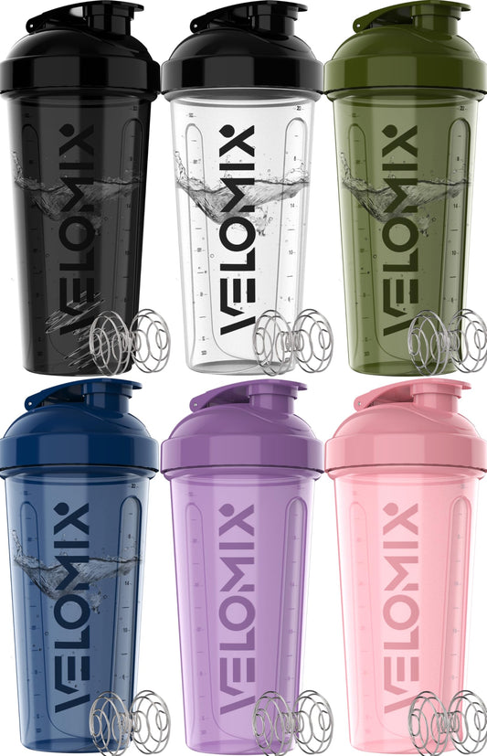 VELOMIX Protein Shaker Bottle 6-Pack (28oz) – Includes 6 Wire Whisks | Leak-Proof Shaker Cups for Protein Shakes & Pre-Workout Drinks | Durable Mixing Bottles for Fitness, Gym, and Smoothies (Dynamic Fuel Series)