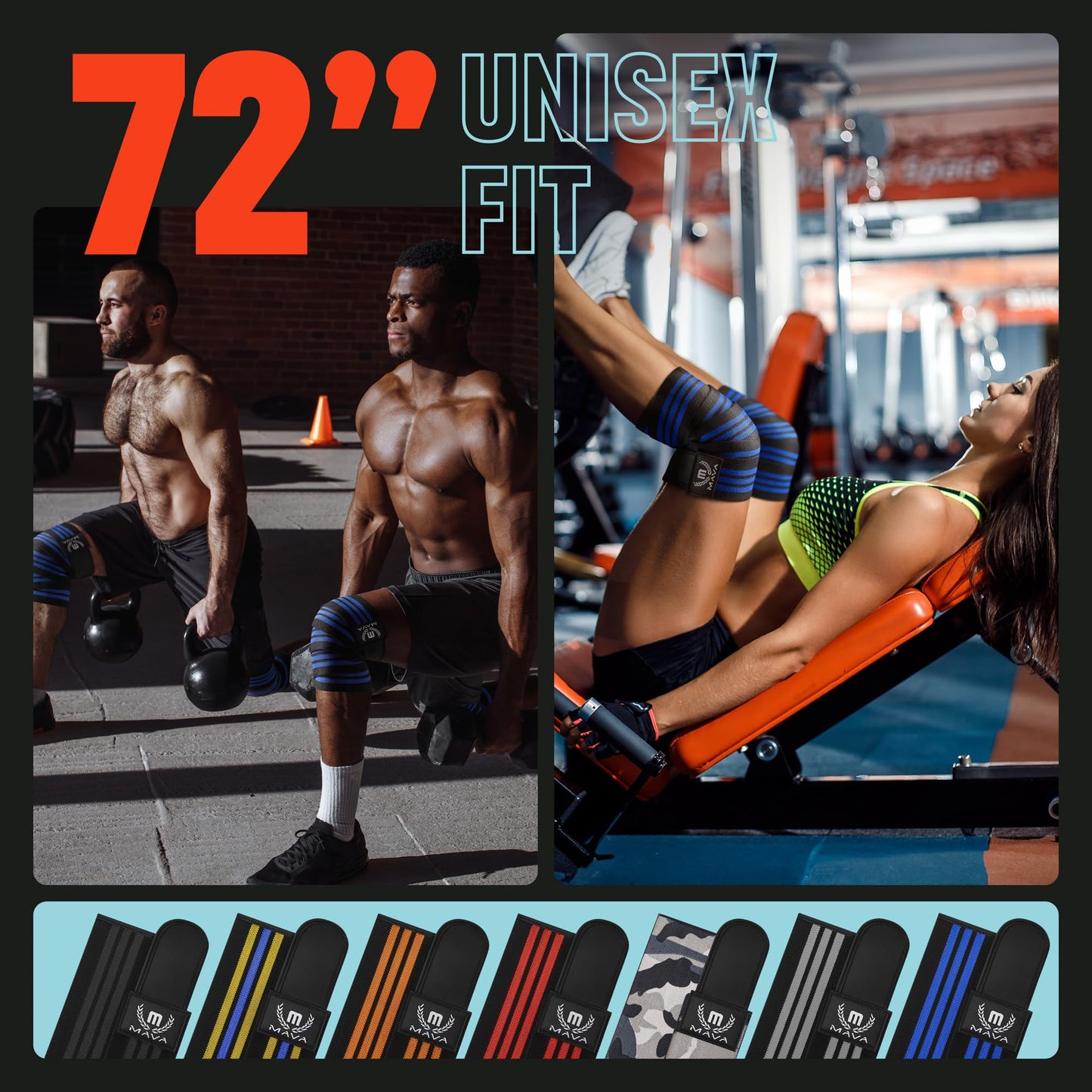 72" Elastic Knee Wraps for Men and Women, Pair of Compression Straps for Squats, Weightlifting, Cross Training, and Gym Workouts