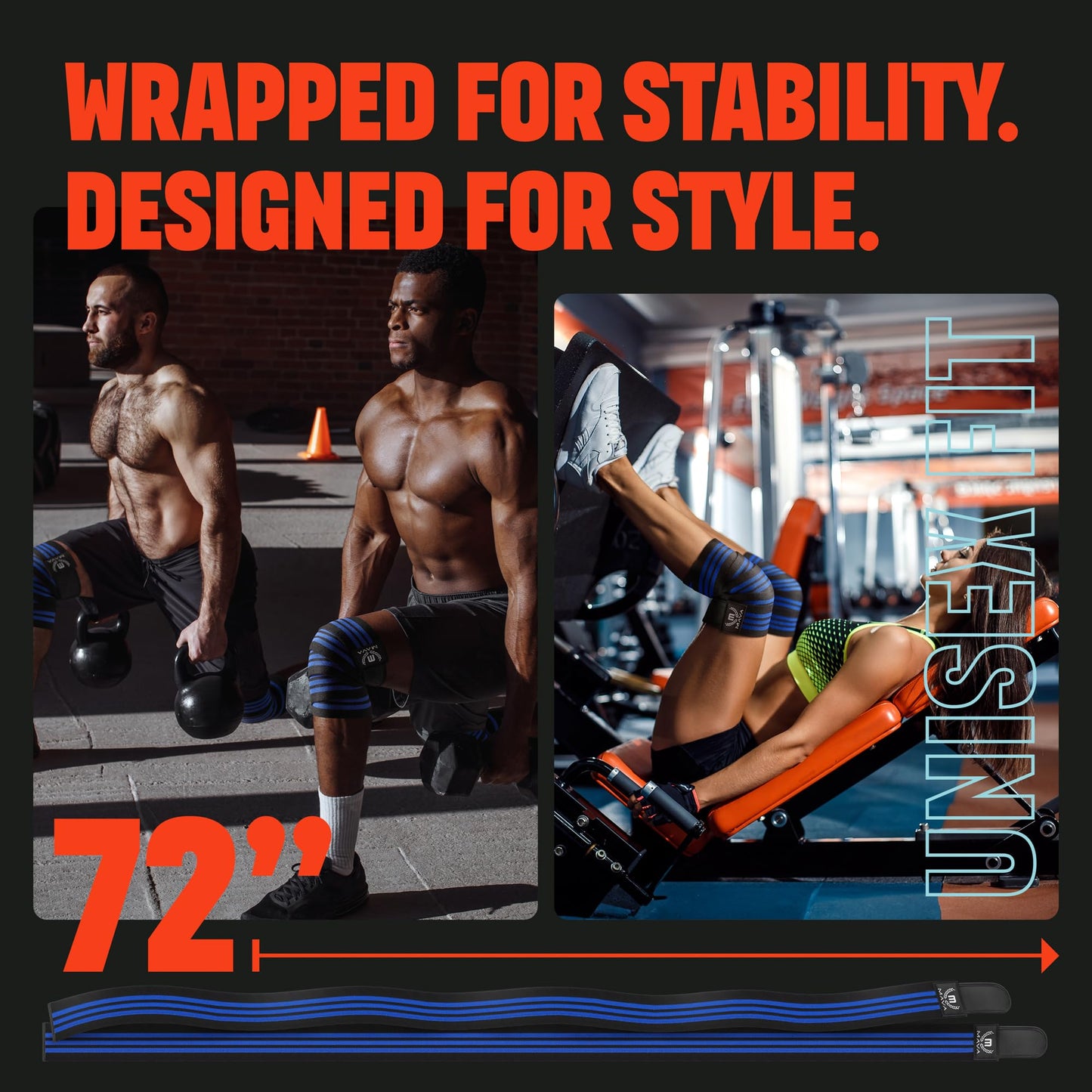 72" Elastic Knee Wraps for Men and Women, Pair of Compression Straps for Squats, Weightlifting, Cross Training, and Gym Workouts