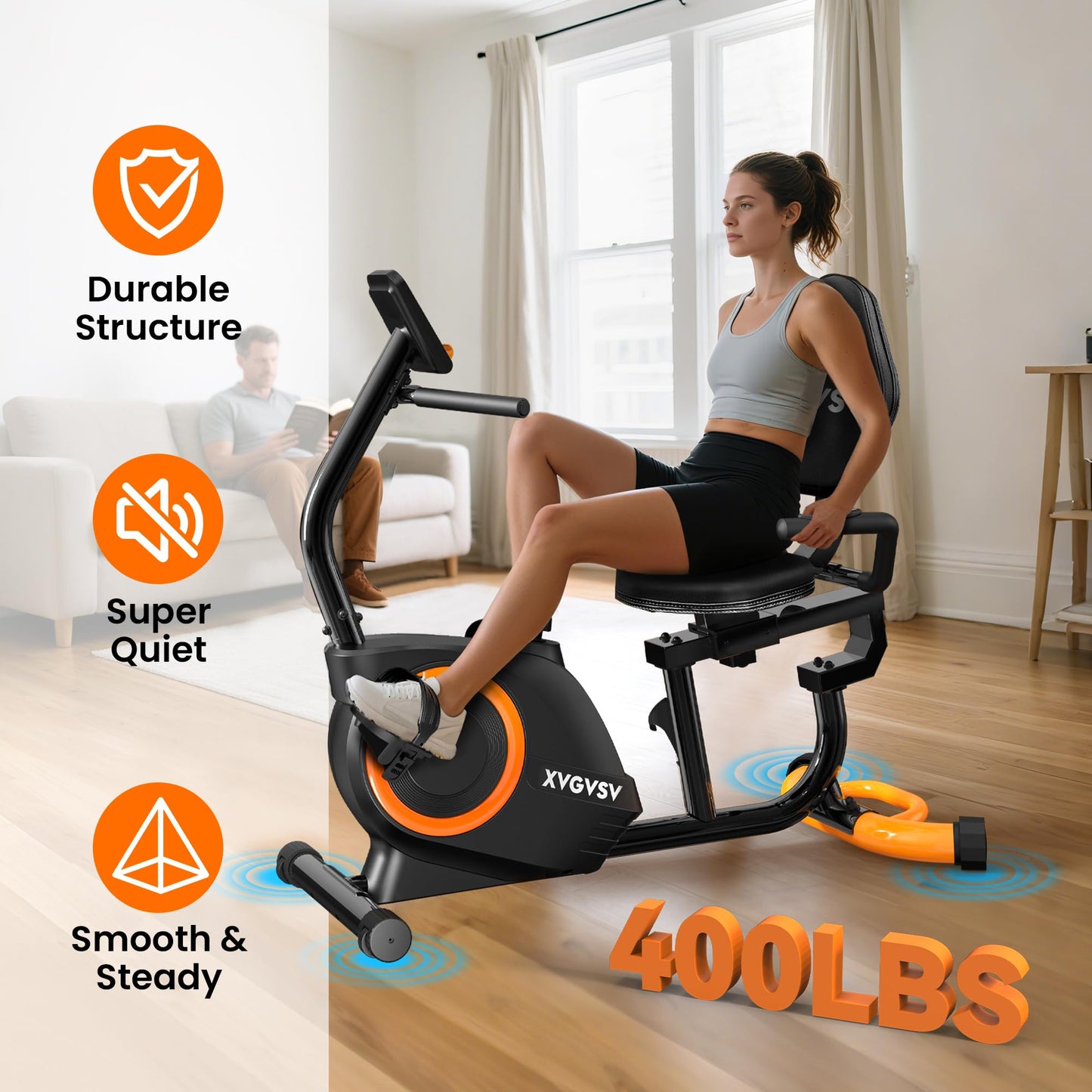 **Recumbent Exercise Bike for Home Use – Quiet Stationary Bike for Adults & Seniors, 16-Level Magnetic Resistance, Adjustable Seat, 400LB Capacity, with Pulse Sensors & LCD Display for Tracking Fitness Progress**