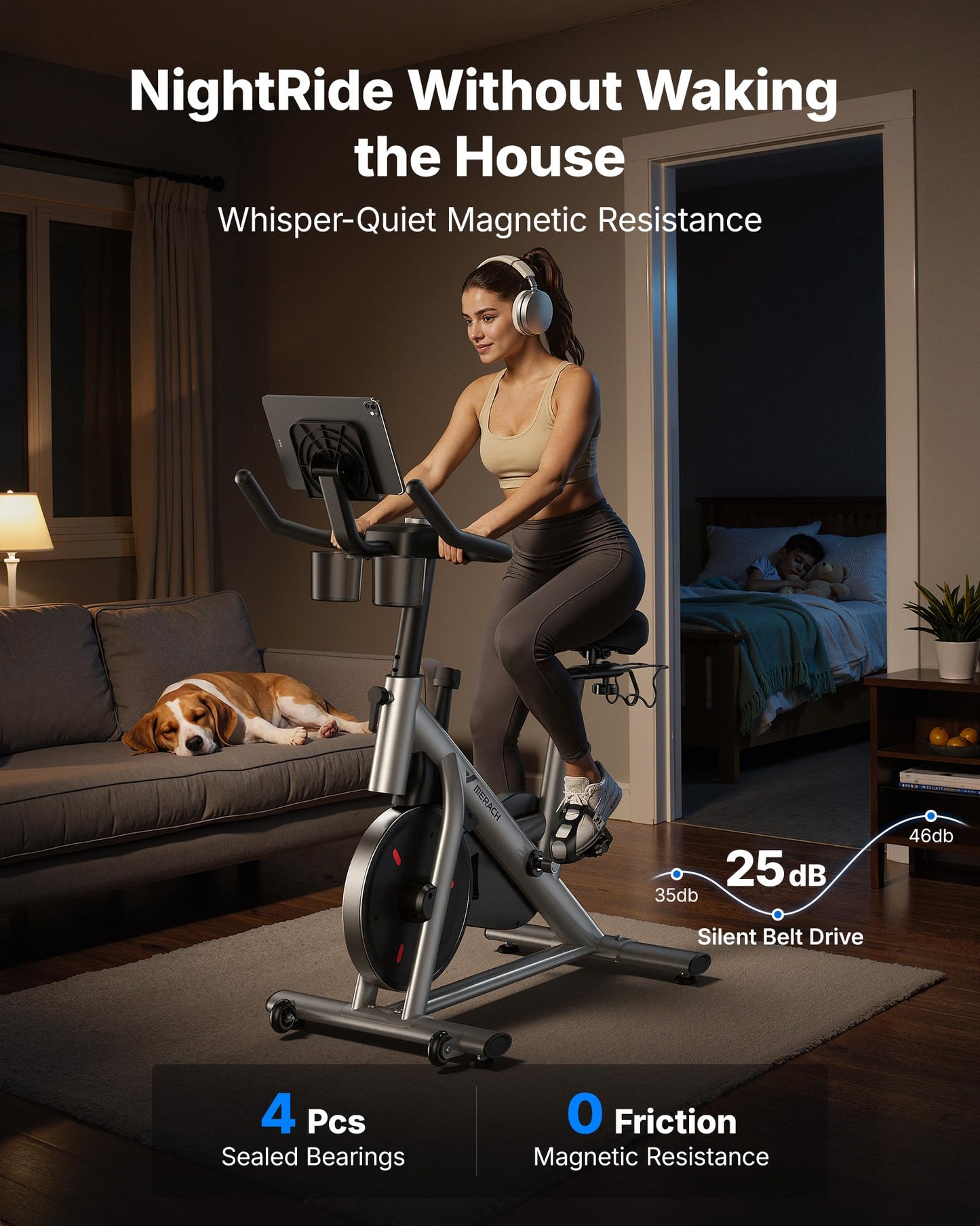 Brake Pad Stationary Exercise Bike, Low Noise Indoor Cycling Bike with 300lbs Weight Capacity, Tablet Mount & App Support