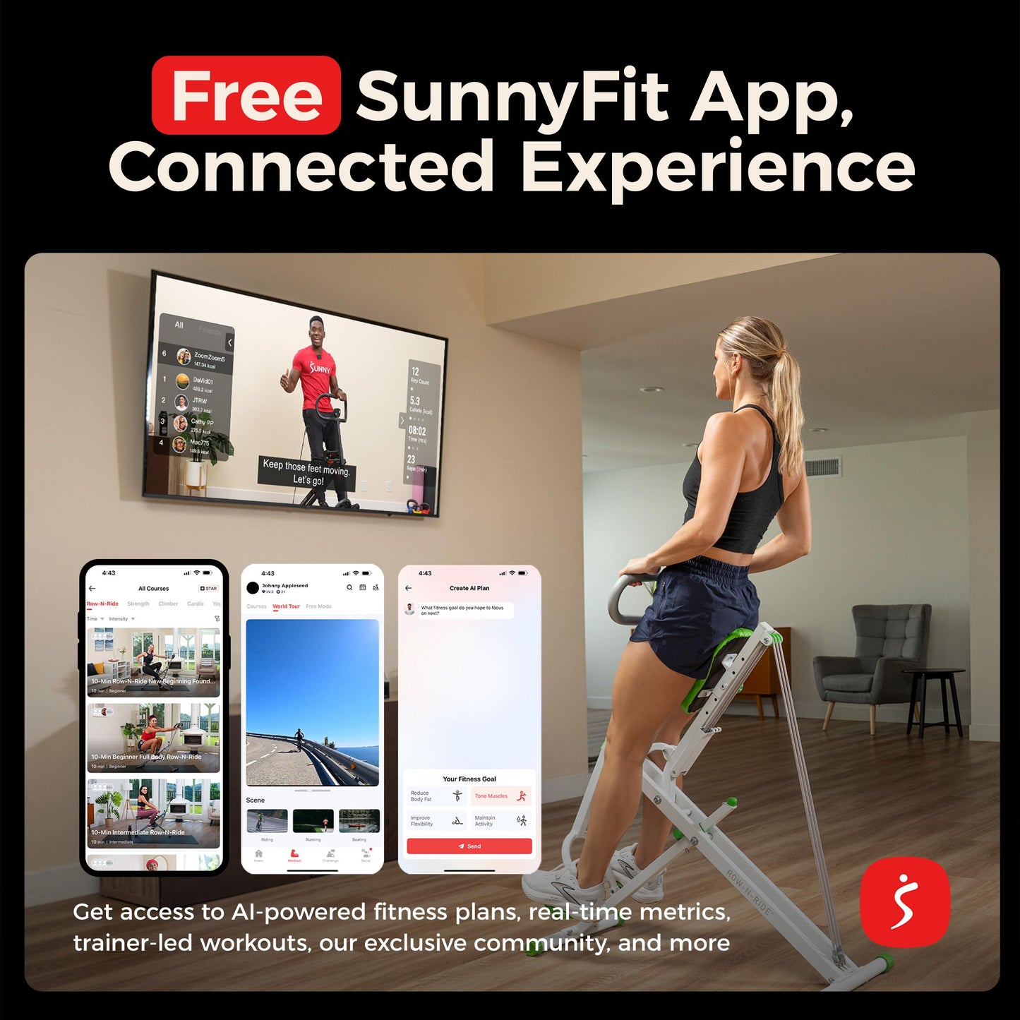 Sunny Health & Fitness Smart Row-N-Ride Glute & Leg Trainer – Foldable Squat Assist Rower with Adjustable Resistance, Digital Monitor & SunnyFit App Connectivity for Home Gym Full Body Workout