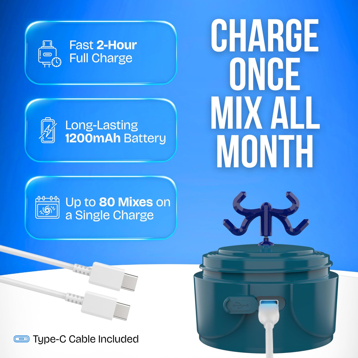 VELOMIX Electric Protein Shaker Bottle (24oz) – USB-C Rechargeable, Leak-Proof Automatic Mixer Cup – Portable Electric Blender Bottle for Protein Shakes, Smoothies & Pre-Workout Drinks (Blue)