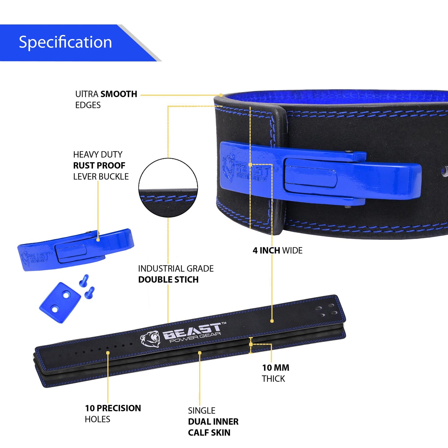 Weight Lifting Belt with Lever Buckle, 10–13MM Thick, 4-Inch Strap for Powerlifting, Deadlifts, Squats, and Weightlifting, Men and Women