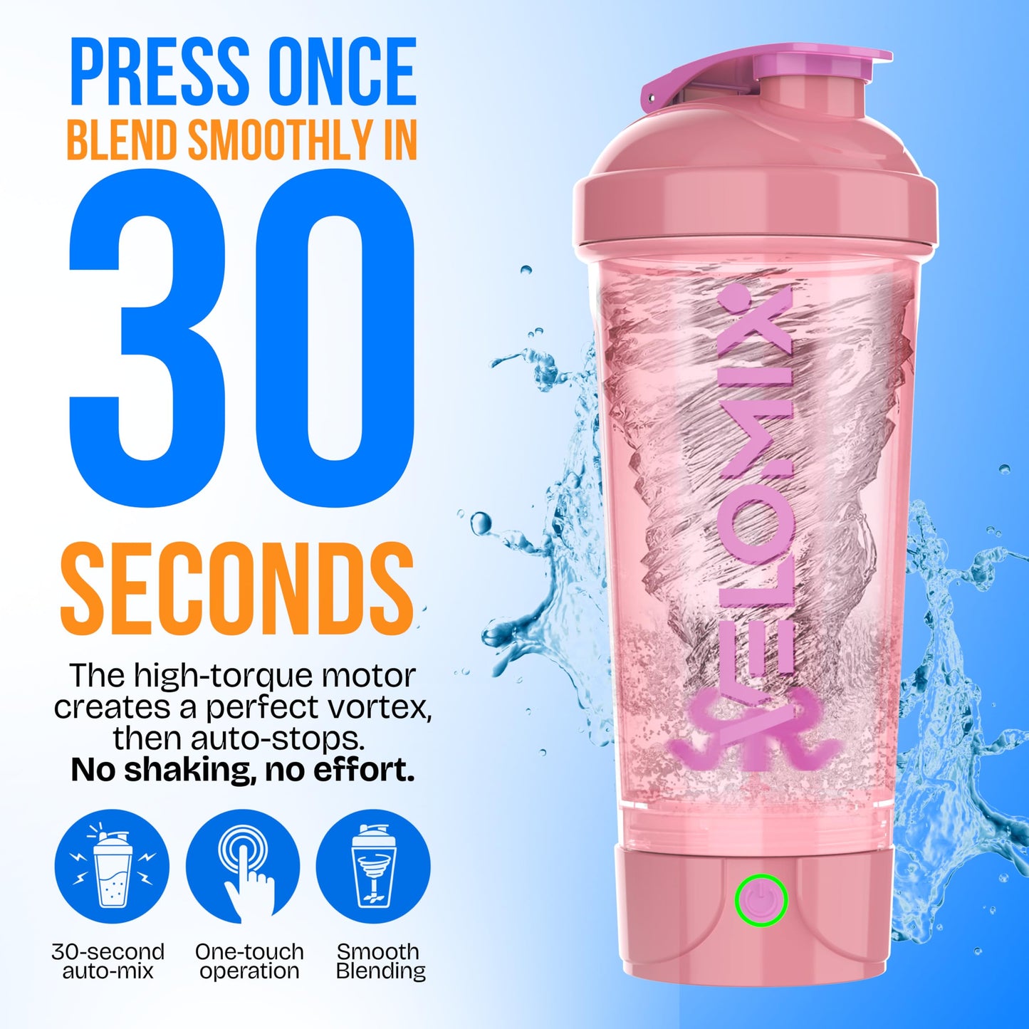 VELOMIX Electric Protein Shaker Bottle (24oz) – USB-C Rechargeable, Leak-Proof Automatic Mixer Cup – Portable Electric Blender Bottle for Protein Shakes, Smoothies & Pre-Workout Drinks (Pink)