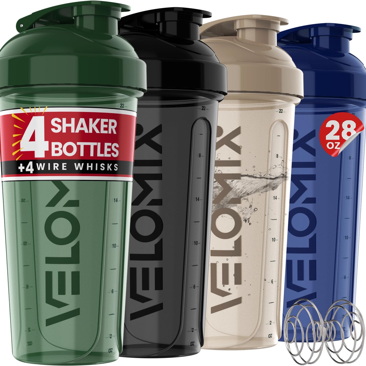 VELOMIX 4-Pack Shaker Cups (28 oz) – Includes 4 Wire Whisks | Leak-Proof Protein Shaker Bottles for Smooth Protein Mixes | Durable, BPA-Free Mixer Bottle Set for Protein Shakes & Supplements (Forest Edge)