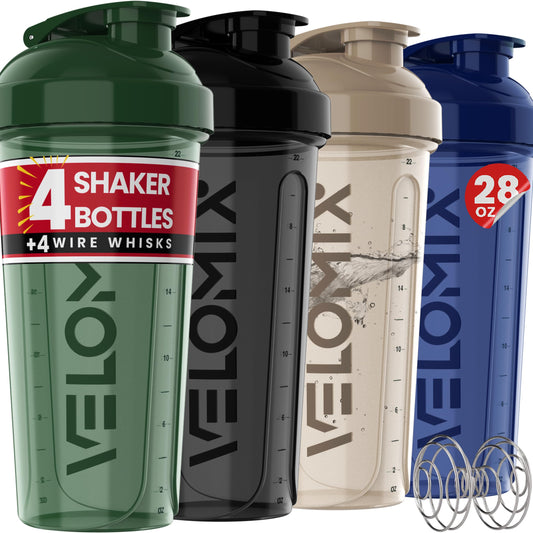 VELOMIX 4-Pack Shaker Cups (28 oz) – Includes 4 Wire Whisks | Leak-Proof Protein Shaker Bottles for Smooth Protein Mixes | Durable, BPA-Free Mixer Bottle Set for Protein Shakes & Supplements (Forest Edge)