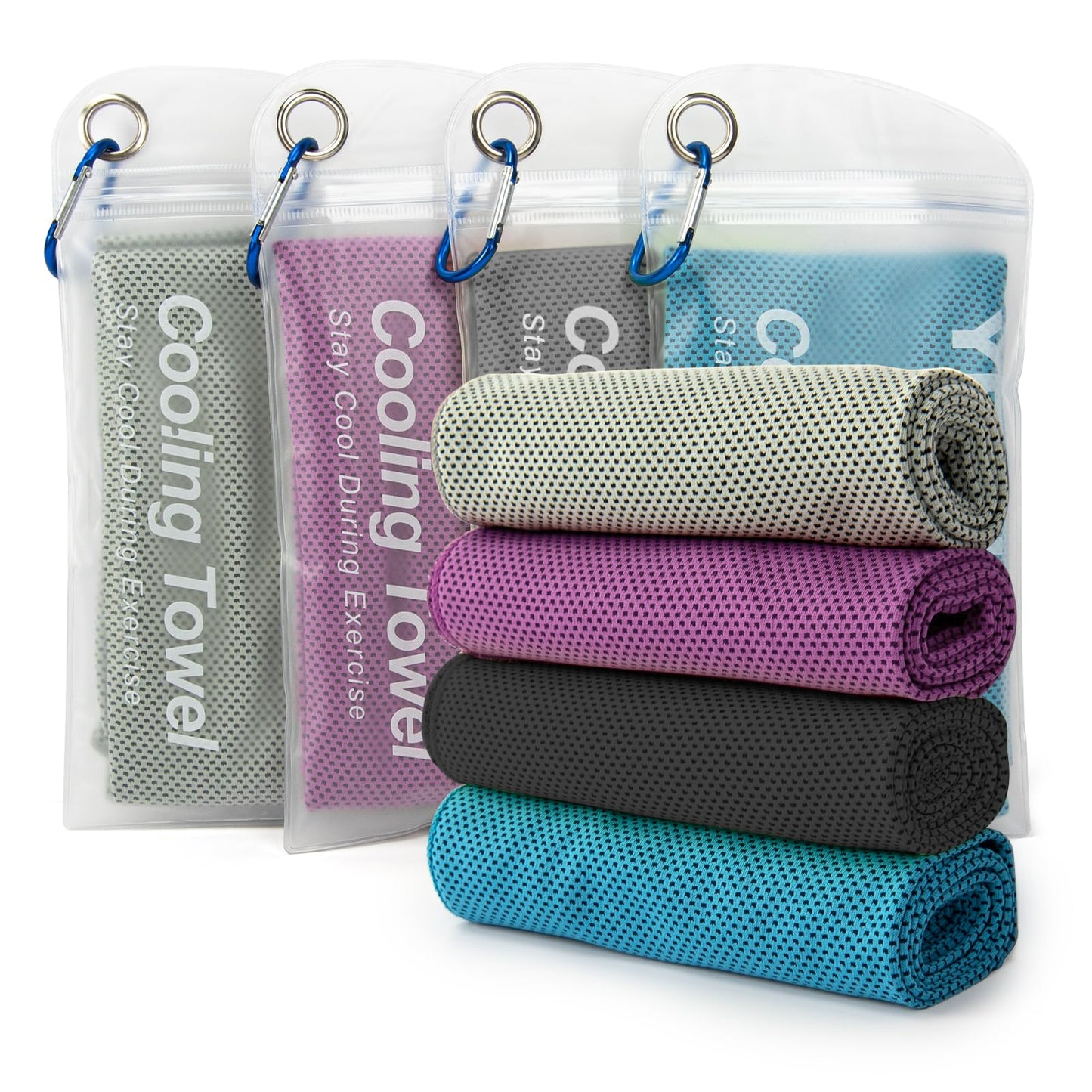 YESLIFE 4 Pack Cooling Towels (40"x12") – Soft, Breathable Gym Towels for Men & Women | Quick Dry Workout Towels for Yoga, Running, Sports & Outdoor Activities (Blue, Grey, Purple, Black)