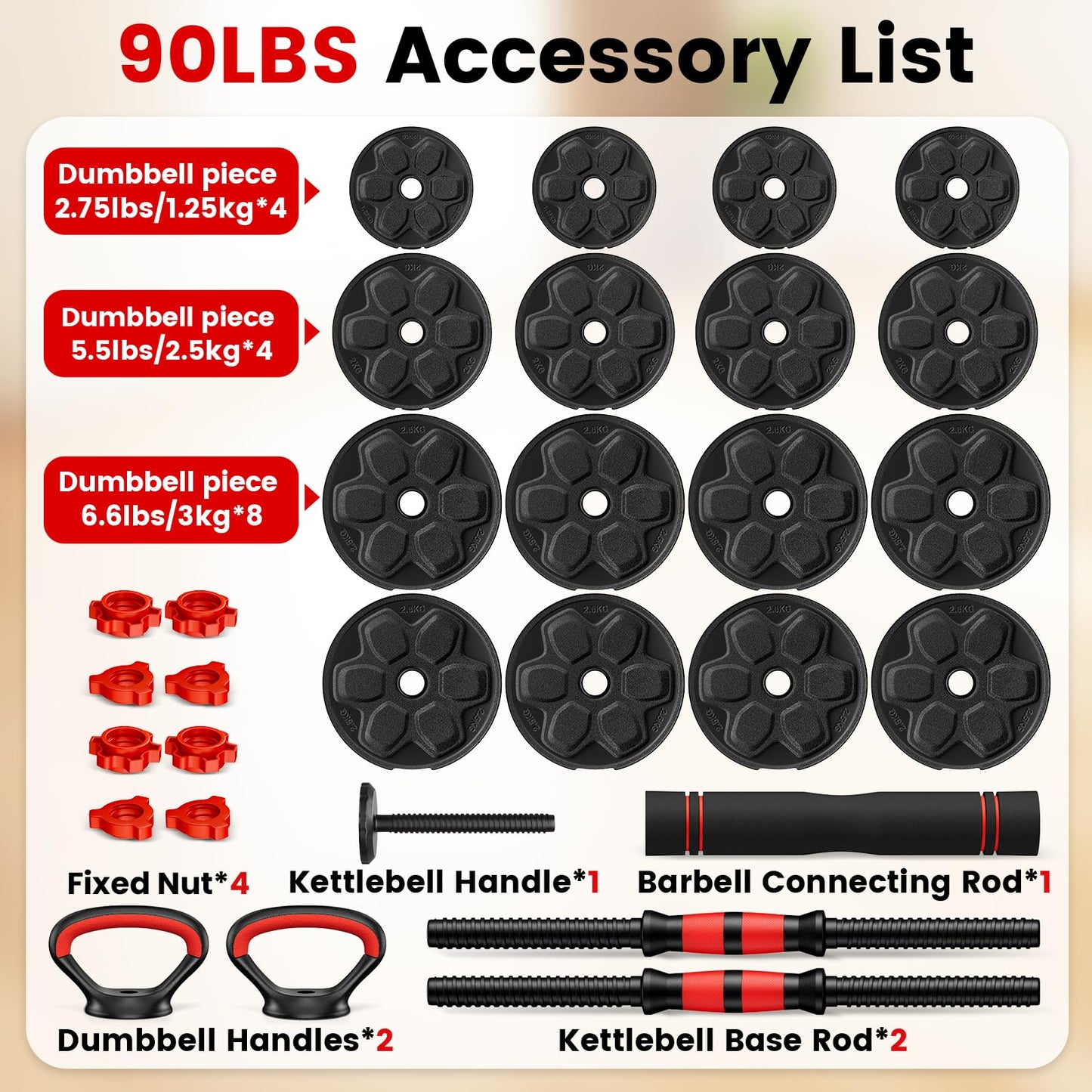 Adjustable 4-in-1 Dumbbell Set 20/33/45/70/90 lbs, Converts to Barbell, Kettlebell and Push-Up Stand for Home Gym Fitness