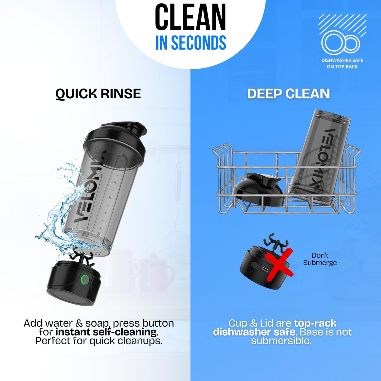 VELOMIX Electric Protein Shaker Bottle (24oz) – USB-C Rechargeable, Leak-Proof Automatic Mixer Cup – Portable Electric Blender Bottle for Protein Shakes, Smoothies & Pre-Workout Drinks (Black)