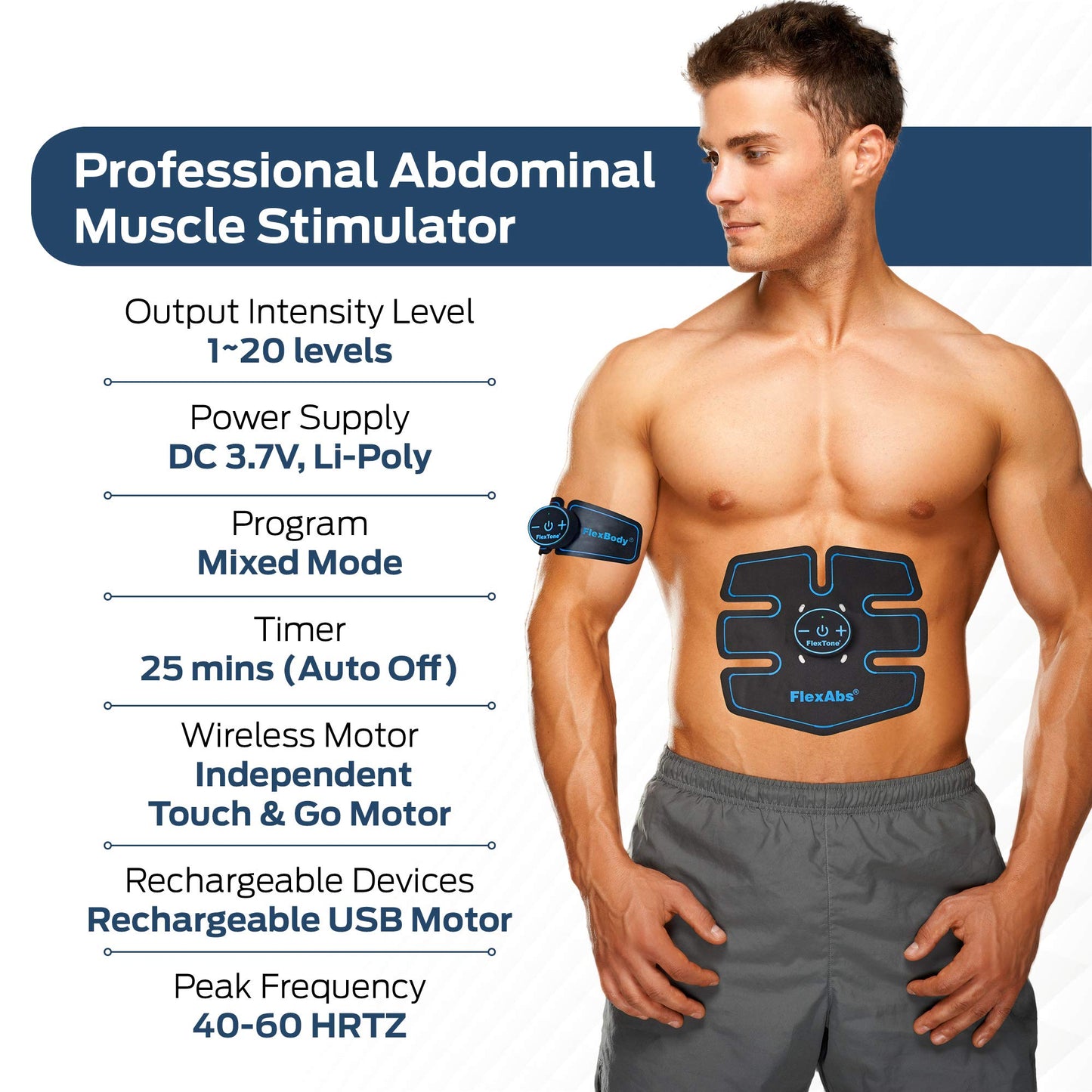 Abs Stimulator Muscle Toner – FDA Cleared Rechargeable Wireless EMS Massager – Electronic Power Abs Trainer for Men, Women & Bodybuilders – Abdominal, Arm & Leg Muscle Training (3 Motors)