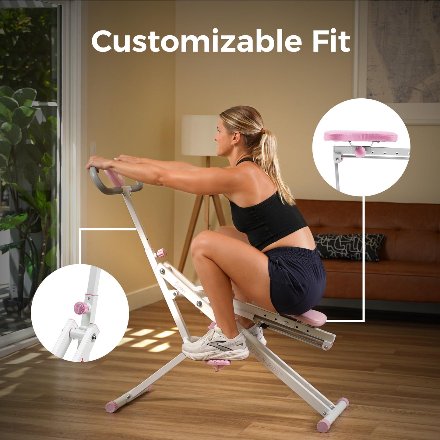 Sunny Health & Fitness Smart Row-N-Ride Glute & Leg Trainer – Foldable Squat Assist Rower with Exclusive SunnyFit App Connection, Adjustable Resistance & Digital Monitor for Home Workout