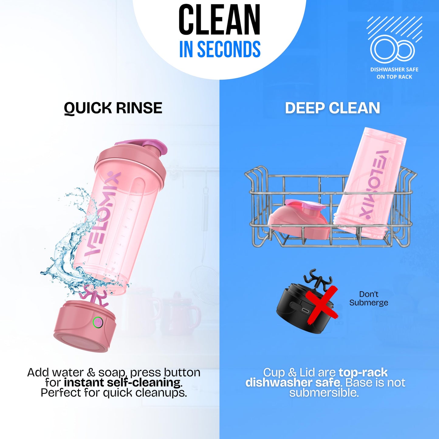 VELOMIX Electric Protein Shaker Bottle (24oz) – USB-C Rechargeable, Leak-Proof Automatic Mixer Cup – Portable Electric Blender Bottle for Protein Shakes, Smoothies & Pre-Workout Drinks (Pink)