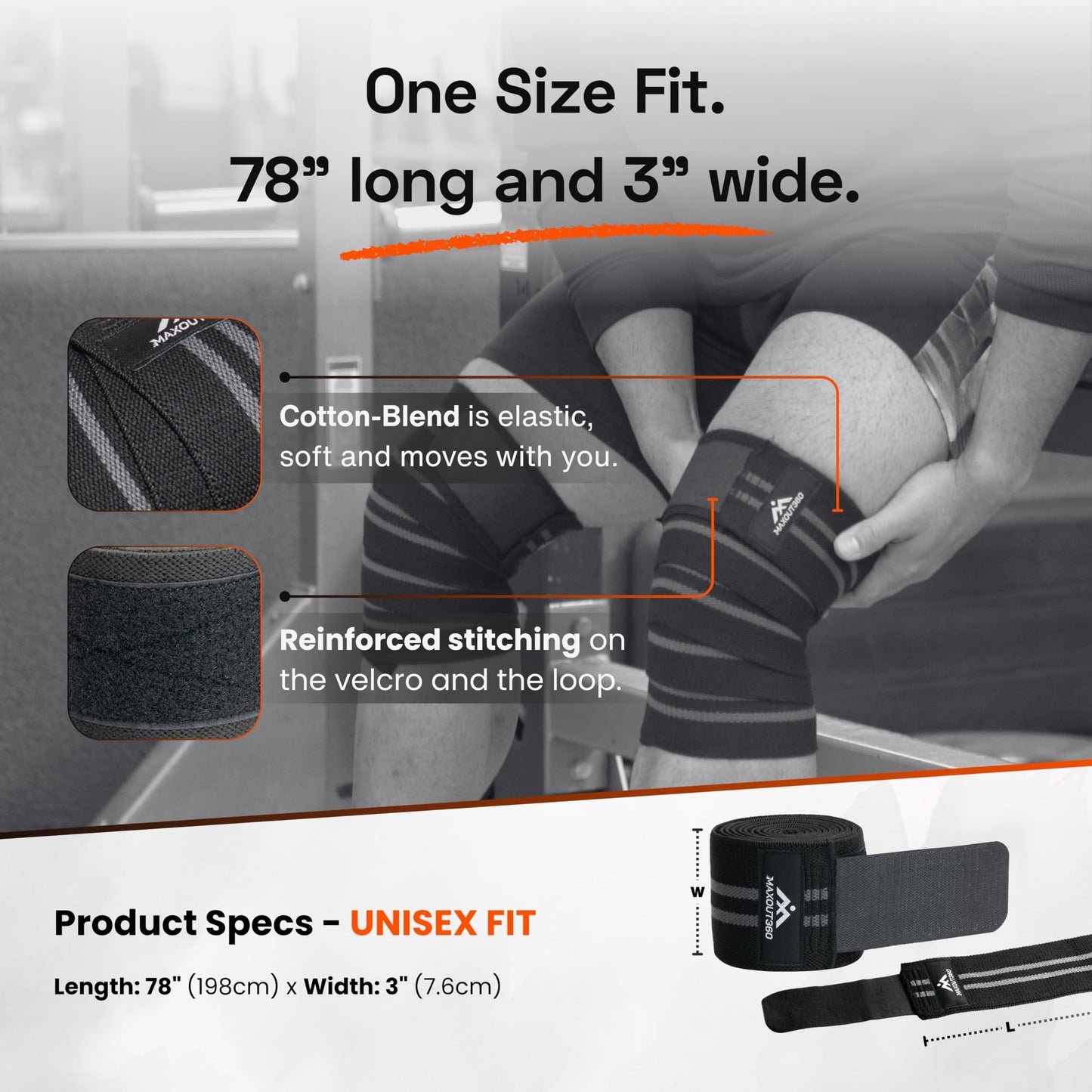 Knee Wraps for Weightlifting (Pair) – 78" Cotton Elastic Knee Straps for Squats, Leg Workouts & Powerlifting – Compression Support Wraps for Strength Training, Gym & Fitness – Black