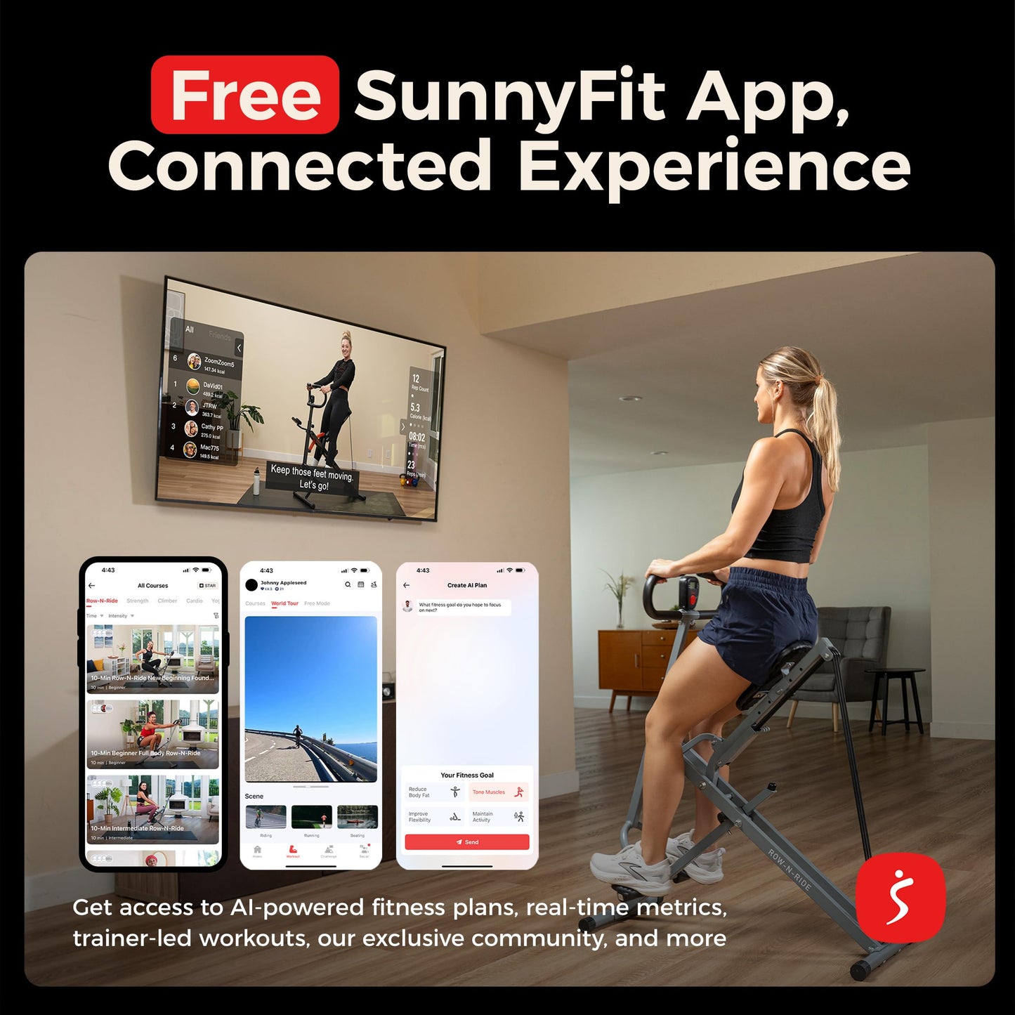 Sunny Health & Fitness Smart Row-N-Ride Glute & Leg Trainer – Foldable Squat Assist Rower with Adjustable Resistance, Digital Monitor & SunnyFit App Connectivity for Full Body Home Workout