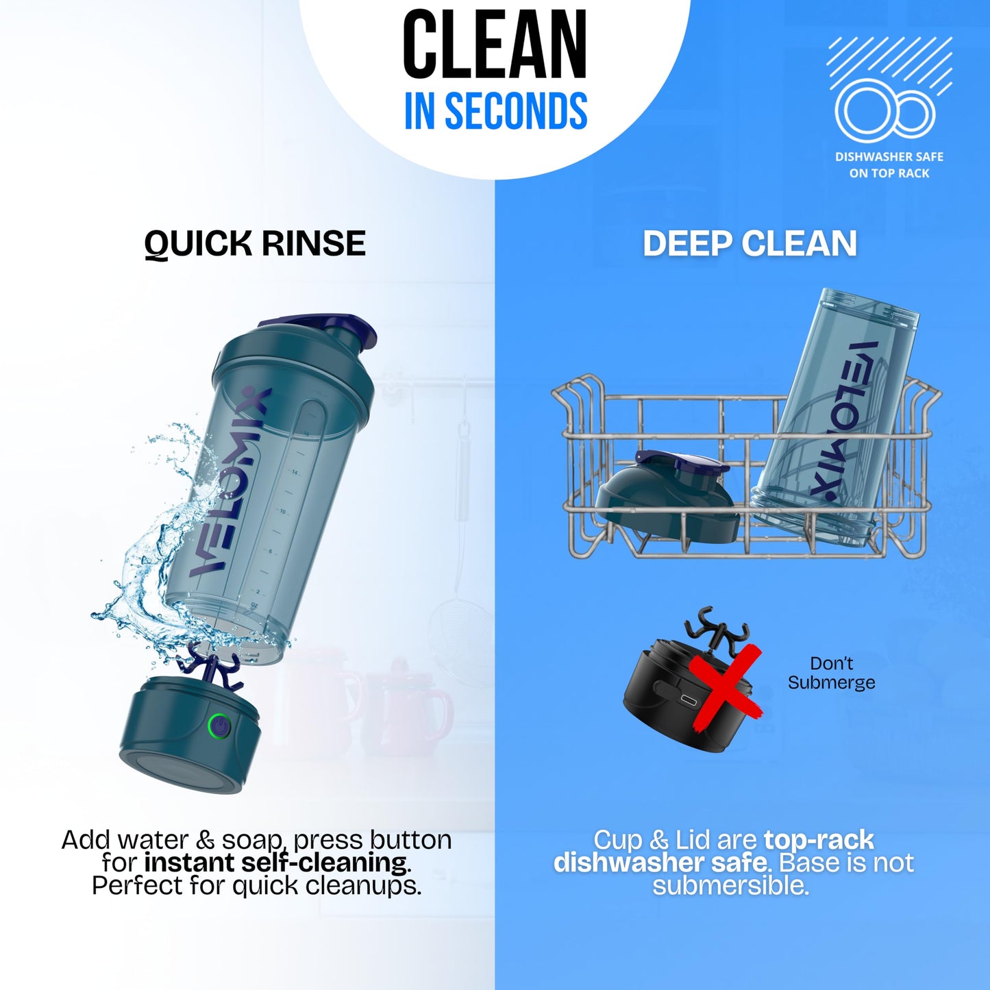 VELOMIX Electric Protein Shaker Bottle (24oz) – USB-C Rechargeable, Leak-Proof Automatic Mixer Cup – Portable Electric Blender Bottle for Protein Shakes, Smoothies & Pre-Workout Drinks (Blue)