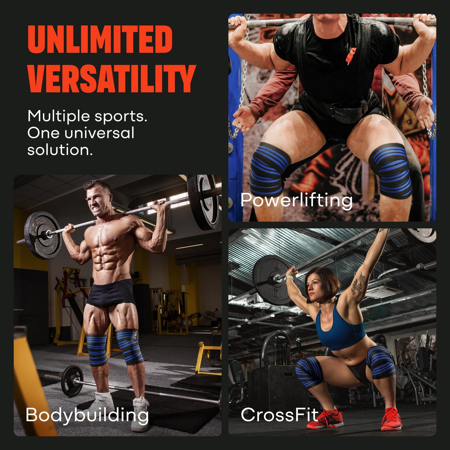 72" Elastic Knee Wraps for Men and Women, Pair of Compression Straps for Squats, Weightlifting, Cross Training, and Gym Workouts