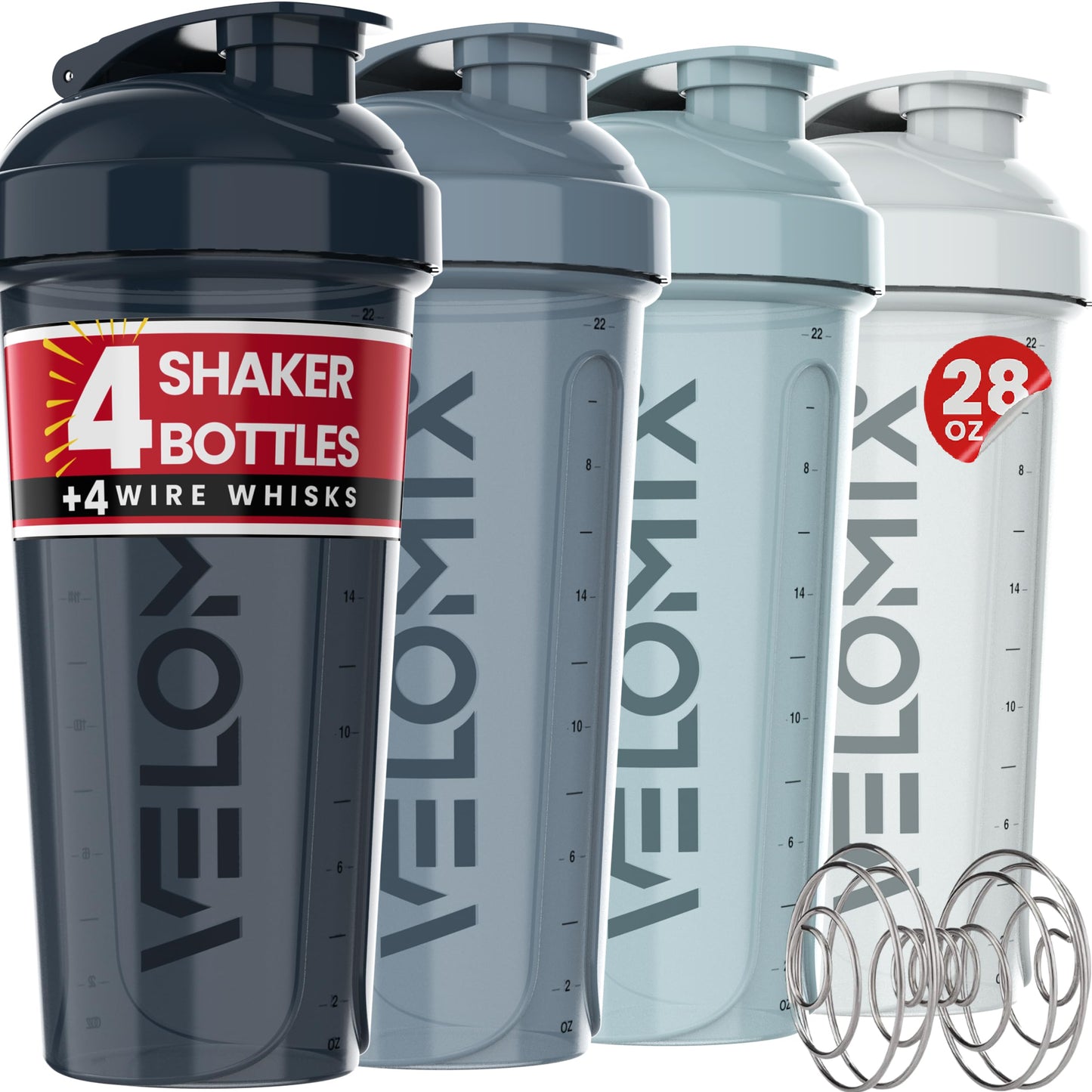 VELOMIX 4-Pack Protein Shaker Bottles (28 oz) – Includes 4 Wire Whisks | Leak-Proof Shaker Cups for Protein Shakes, Smoothies & Supplements | Durable, BPA-Free Protein Mixer Bottle Set (Aqua Depths)