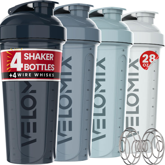 VELOMIX 4-Pack Protein Shaker Bottles (28 oz) – Includes 4 Wire Whisks | Leak-Proof Shaker Cups for Protein Shakes, Smoothies & Supplements | Durable, BPA-Free Protein Mixer Bottle Set (Aqua Depths)