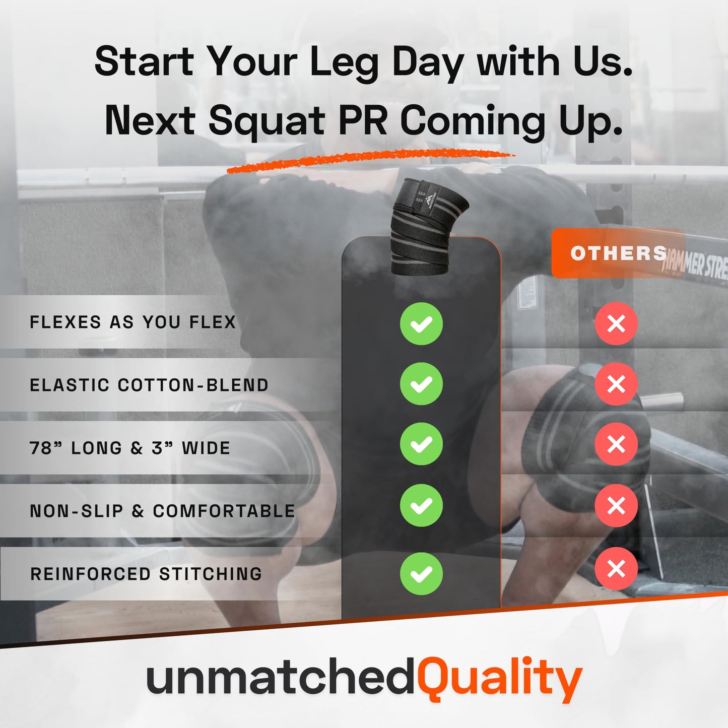 Knee Wraps for Weightlifting (Pair) – 78" Cotton Elastic Knee Straps for Squats, Leg Workouts & Powerlifting – Compression Support Wraps for Strength Training, Gym & Fitness – Black