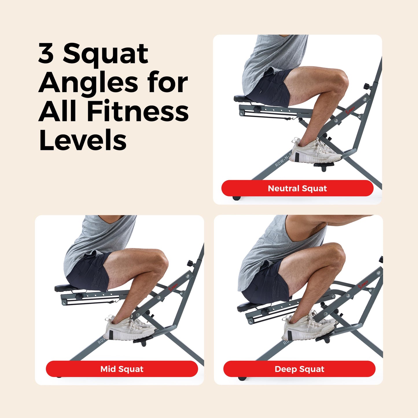 Sunny Health & Fitness Smart Row-N-Ride Glute & Leg Trainer – Foldable Squat Assist Rower with Adjustable Resistance, Digital Monitor & SunnyFit App Connectivity for Full Body Home Workout