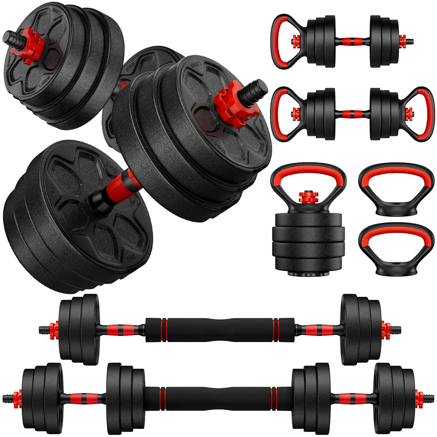 Adjustable 4-in-1 Dumbbell Set 20/33/45/70/90 lbs, Converts to Barbell, Kettlebell and Push-Up Stand for Home Gym Fitness