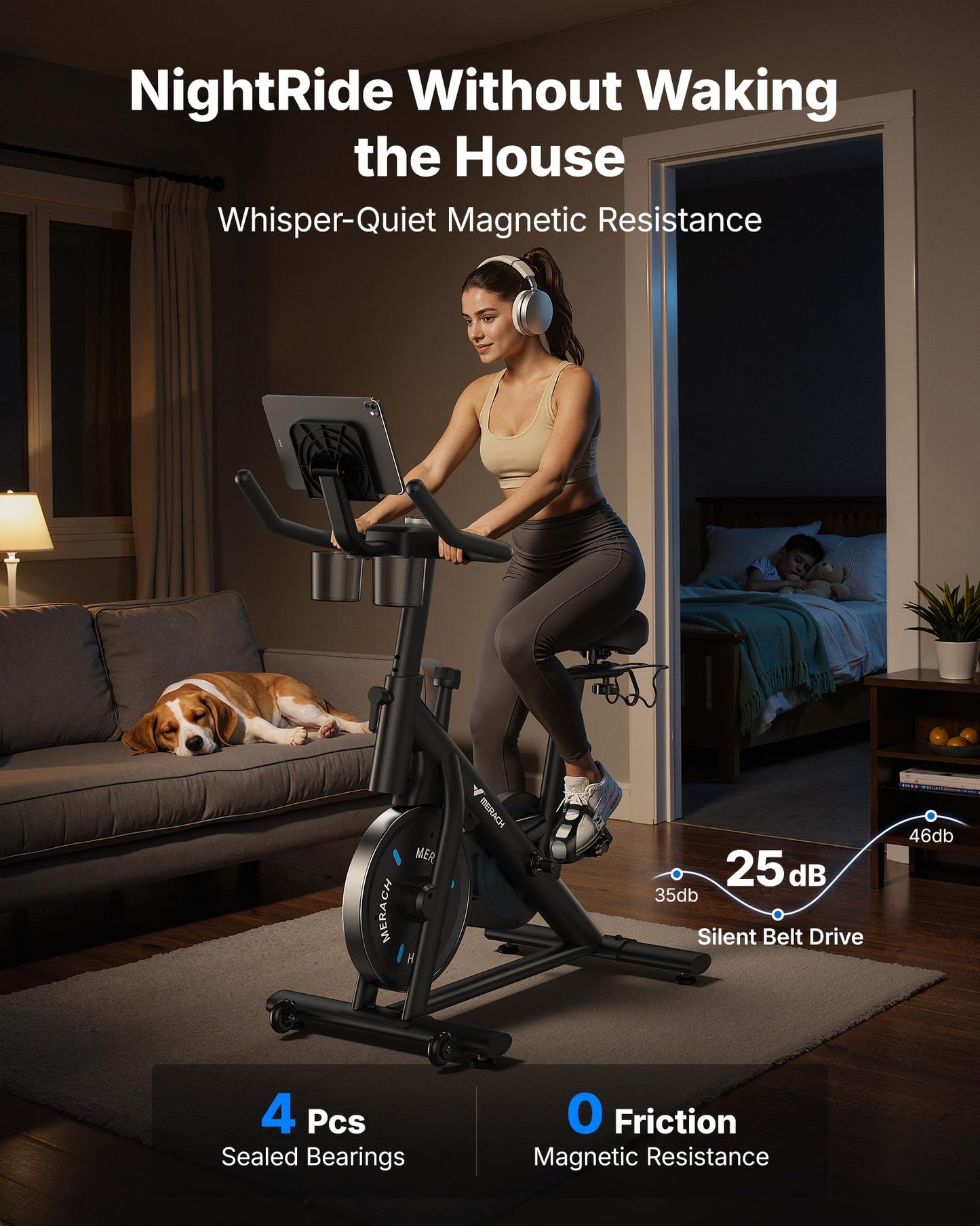 Brake Pad Stationary Exercise Bike, Low Noise Indoor Cycling Bike with 300lbs Capacity, Tablet Mount & App Connectivity