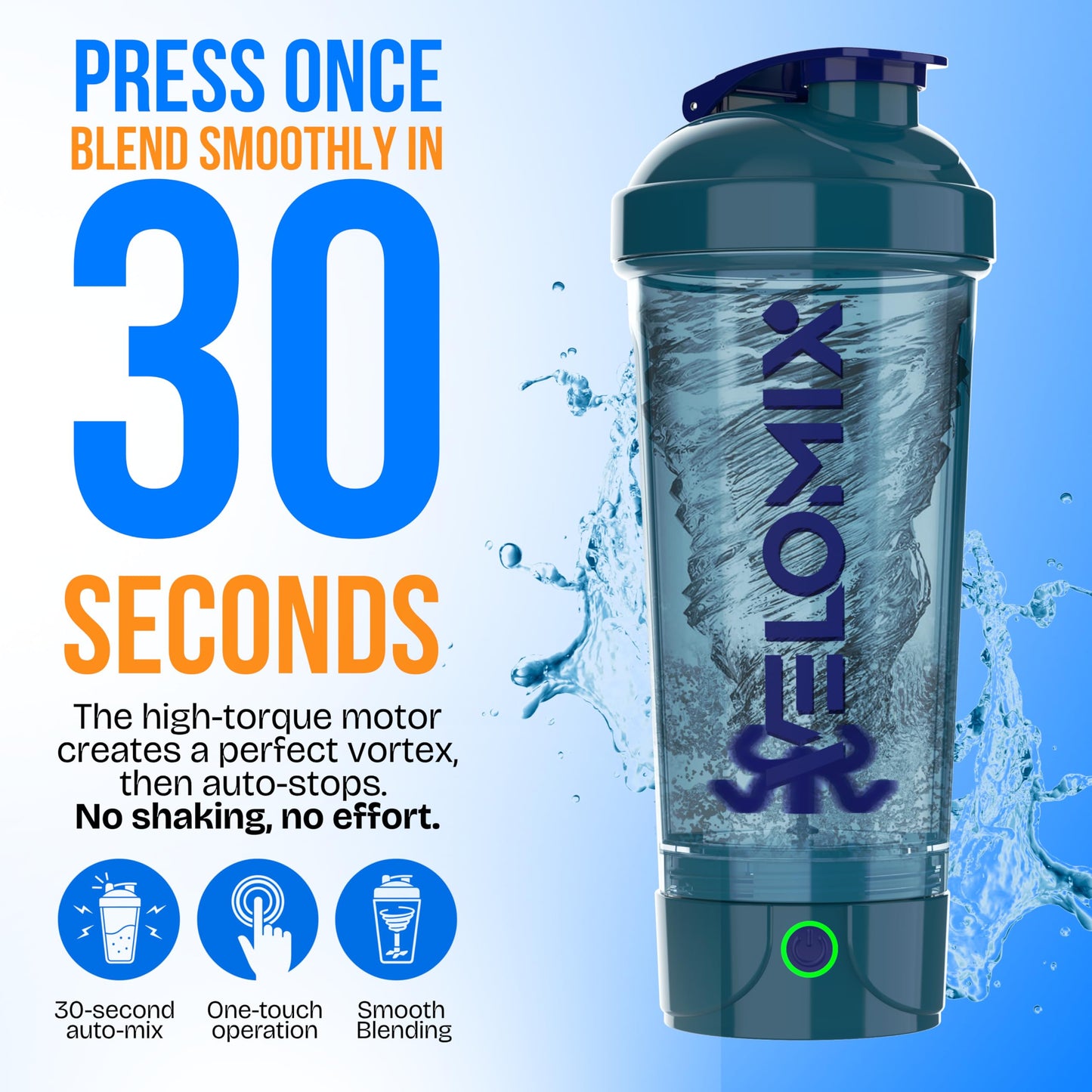 VELOMIX Electric Protein Shaker Bottle (24oz) – USB-C Rechargeable, Leak-Proof Automatic Mixer Cup – Portable Electric Blender Bottle for Protein Shakes, Smoothies & Pre-Workout Drinks (Blue)