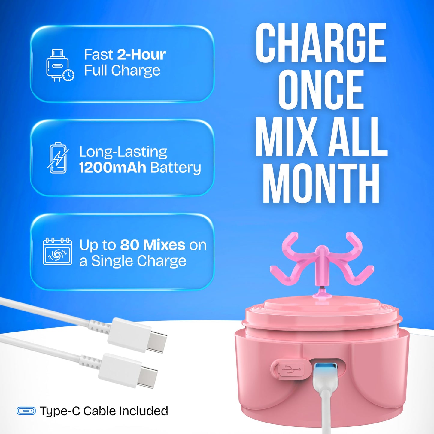 VELOMIX Electric Protein Shaker Bottle (24oz) – USB-C Rechargeable, Leak-Proof Automatic Mixer Cup – Portable Electric Blender Bottle for Protein Shakes, Smoothies & Pre-Workout Drinks (Pink)