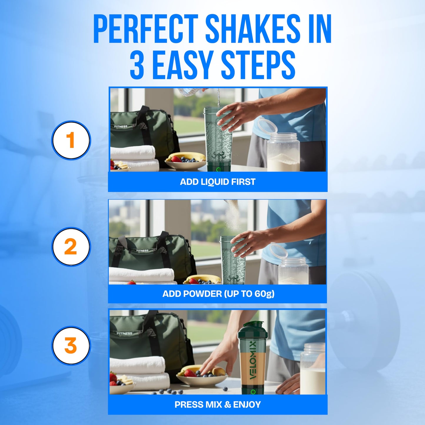 VELOMIX Electric Protein Shaker Bottle (24oz) – USB-C Rechargeable, Leak-Proof Automatic Mixer Cup – Portable Electric Blender Bottle for Protein Shakes, Smoothies & Pre-Workout Drinks (Blue)