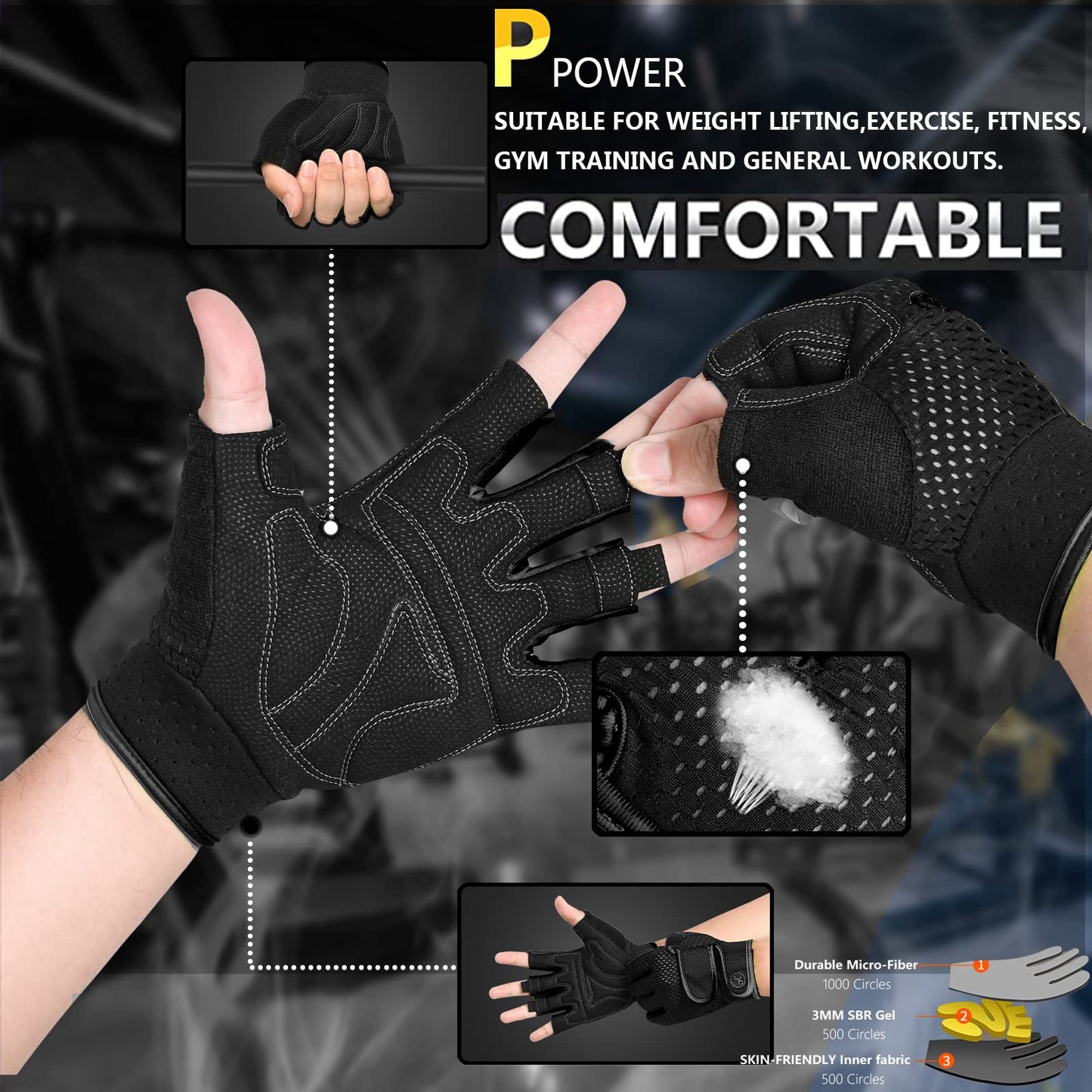 Padded Weight Lifting Gloves for Men and Women, 3MM Gel Fingerless Grip Gym Gloves for Exercise, Cycling, Pull Ups, and Rowing