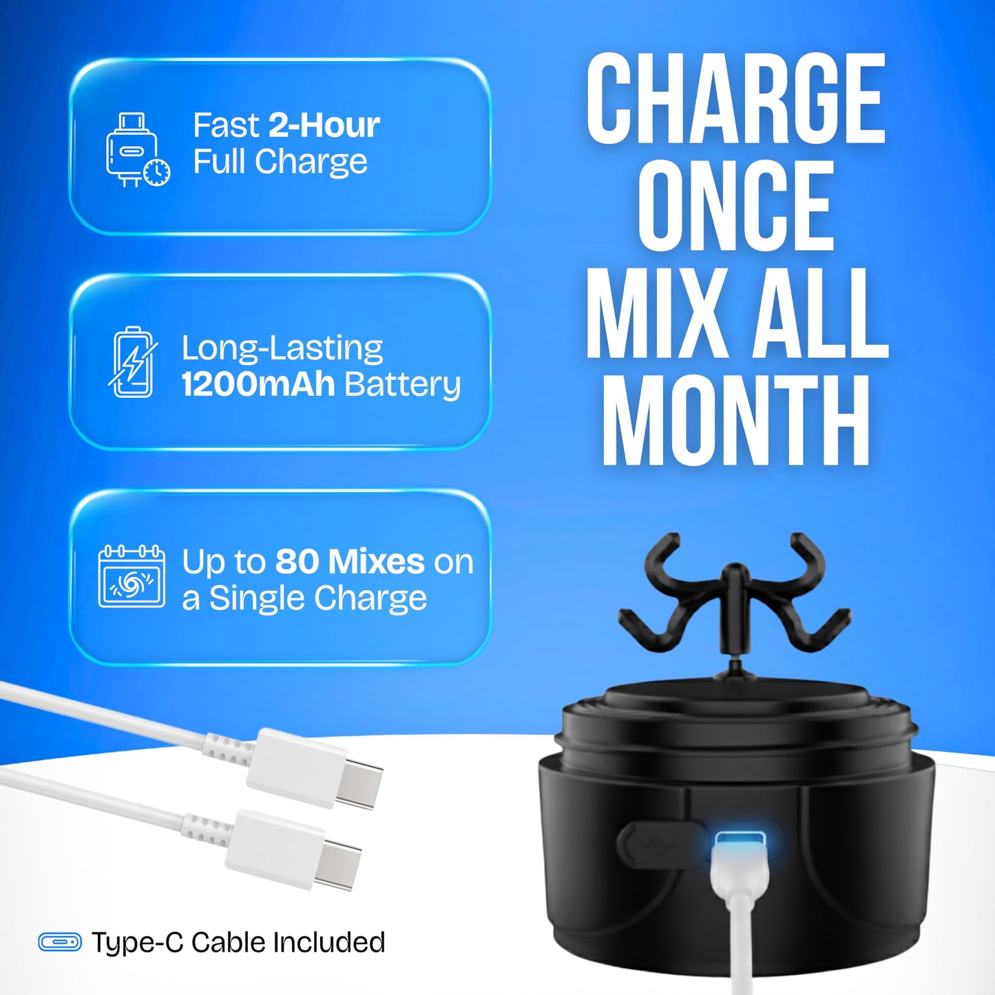 VELOMIX Electric Protein Shaker Bottle (24oz) – USB-C Rechargeable, Leak-Proof Automatic Mixer Cup – Portable Electric Blender Bottle for Protein Shakes, Smoothies & Pre-Workout Drinks (Black)