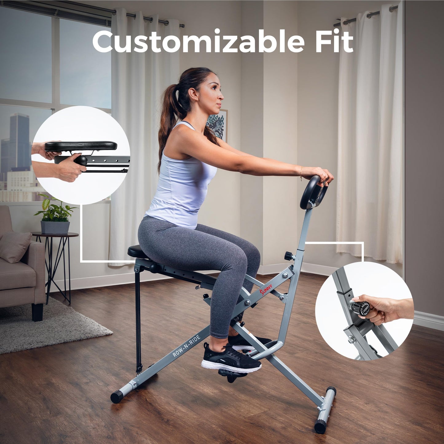 Sunny Health & Fitness Smart Row-N-Ride Glute & Leg Trainer – Foldable Squat Assist Rower with Adjustable Resistance, Digital Monitor & SunnyFit App Connectivity for Full Body Home Workout