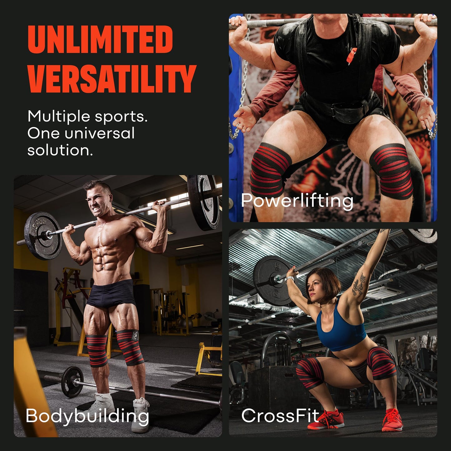 72" Elastic Knee Wraps for Men and Women, Pair of Compression Straps for Squats, Weightlifting, Cross Training, and Gym Workouts