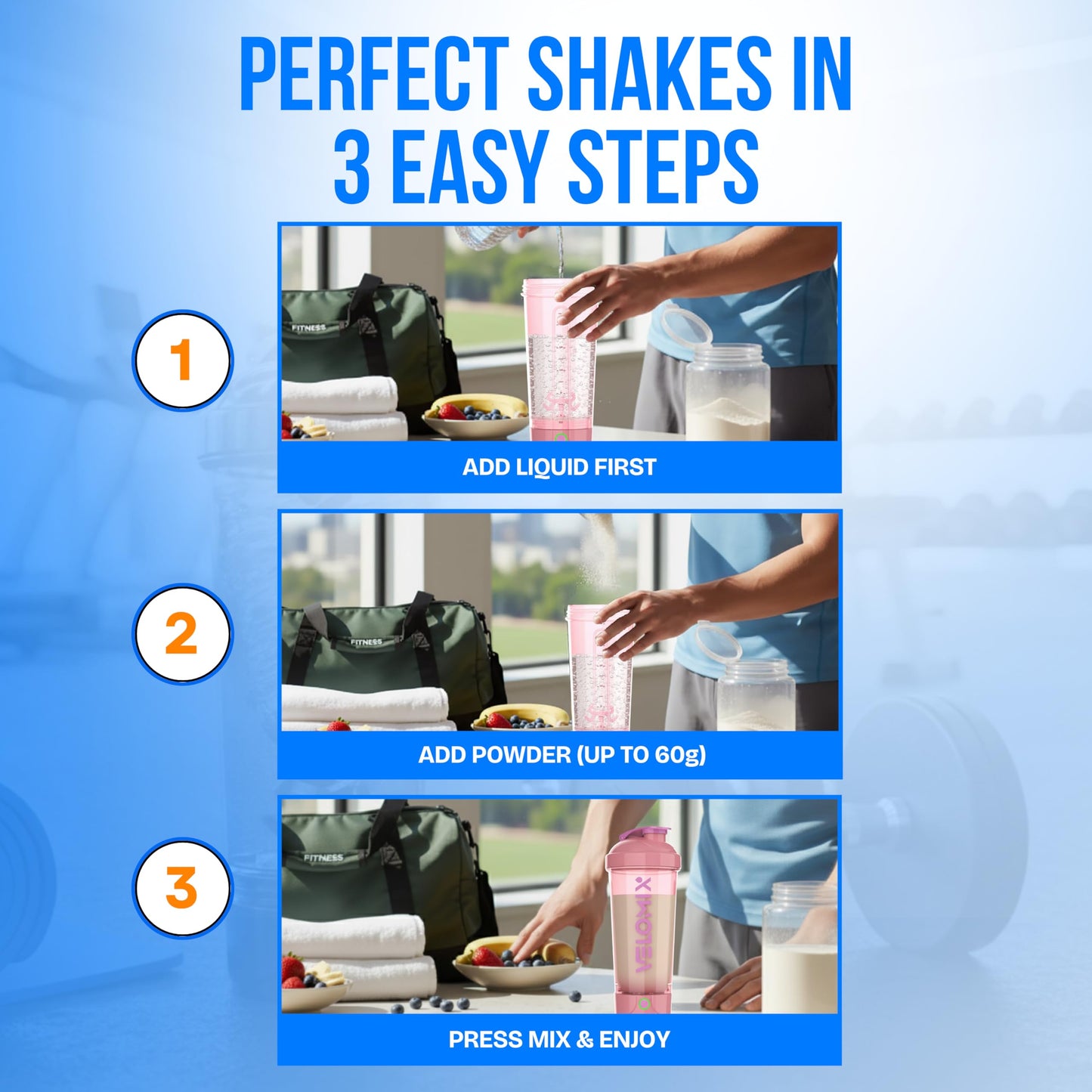 VELOMIX Electric Protein Shaker Bottle (24oz) – USB-C Rechargeable, Leak-Proof Automatic Mixer Cup – Portable Electric Blender Bottle for Protein Shakes, Smoothies & Pre-Workout Drinks (Pink)