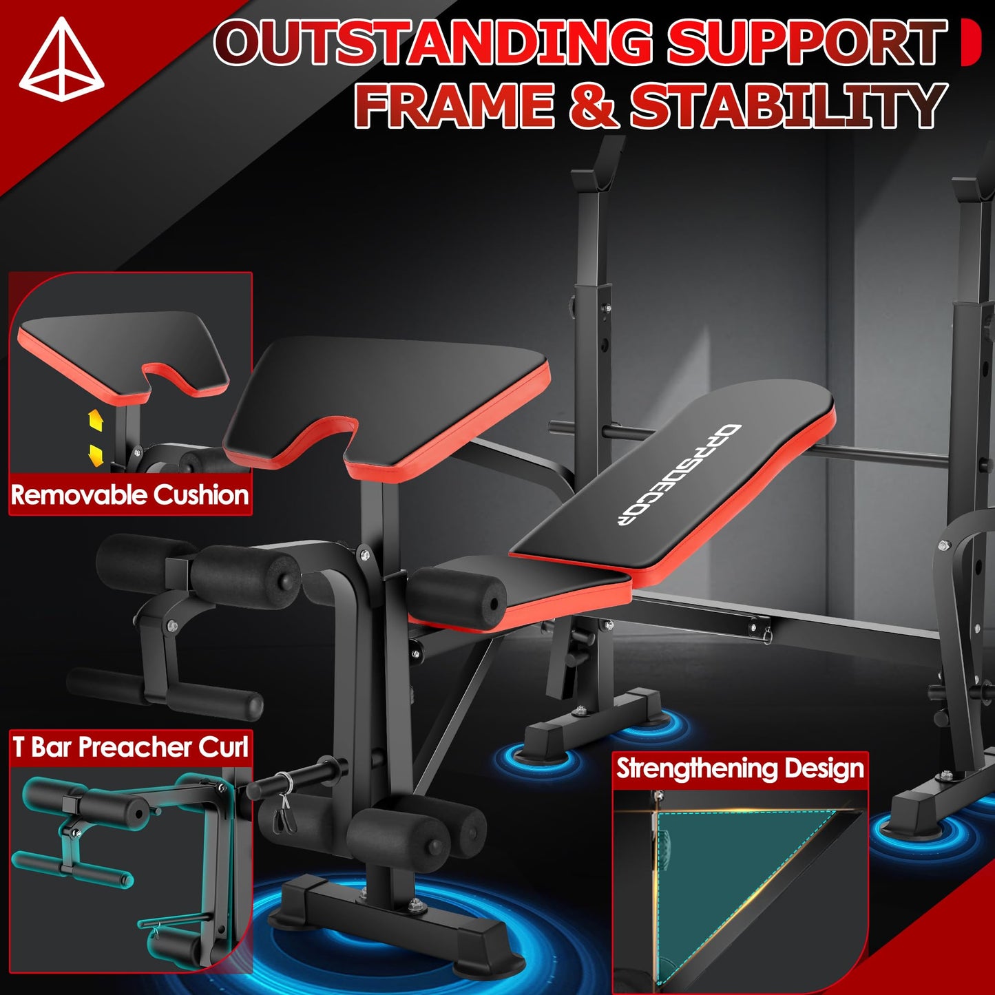 OPPSDECOR 6-in-1 Adjustable Weight Bench Set with Squat Rack – Includes Leg Developer, Preacher Curl Rack for Home Gym Strength Training, Supports Up to 660 lbs