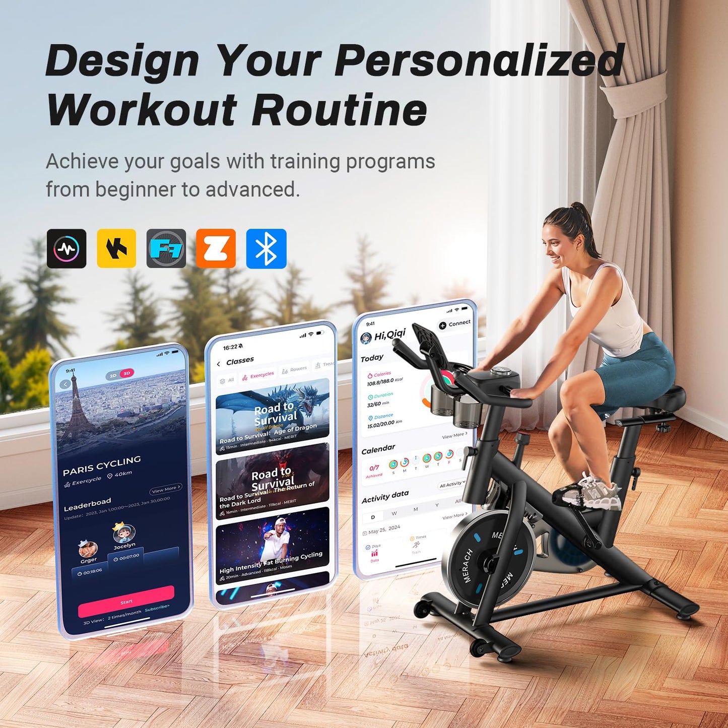 Brake Pad Stationary Exercise Bike, Low Noise Indoor Cycling Bike with 300lbs Capacity, Tablet Mount & App Fitness Courses
