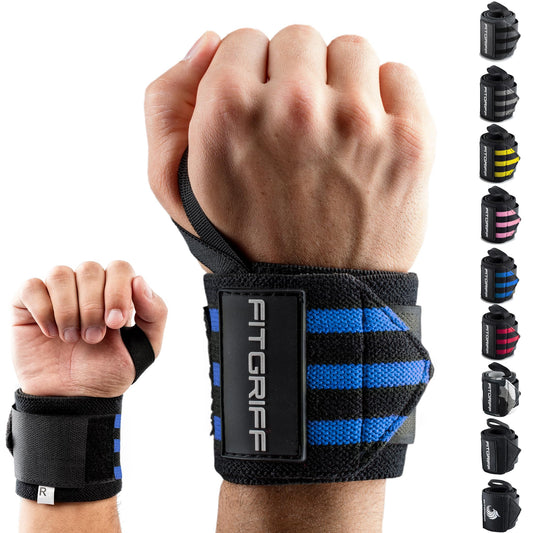 18" Wrist Wraps for Weightlifting, Heavy-Duty Support for Gym, Bench Press, and Pushups, Pair for Men and Women, Black/Blue