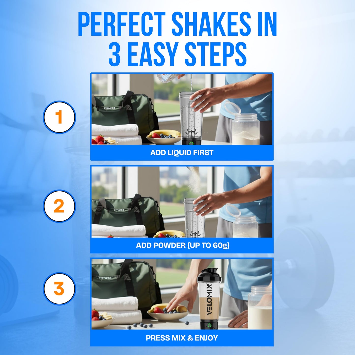 VELOMIX Electric Protein Shaker Bottle (24oz) – USB-C Rechargeable, Leak-Proof Automatic Mixer Cup – Portable Electric Blender Bottle for Protein Shakes, Smoothies & Pre-Workout Drinks (Black)