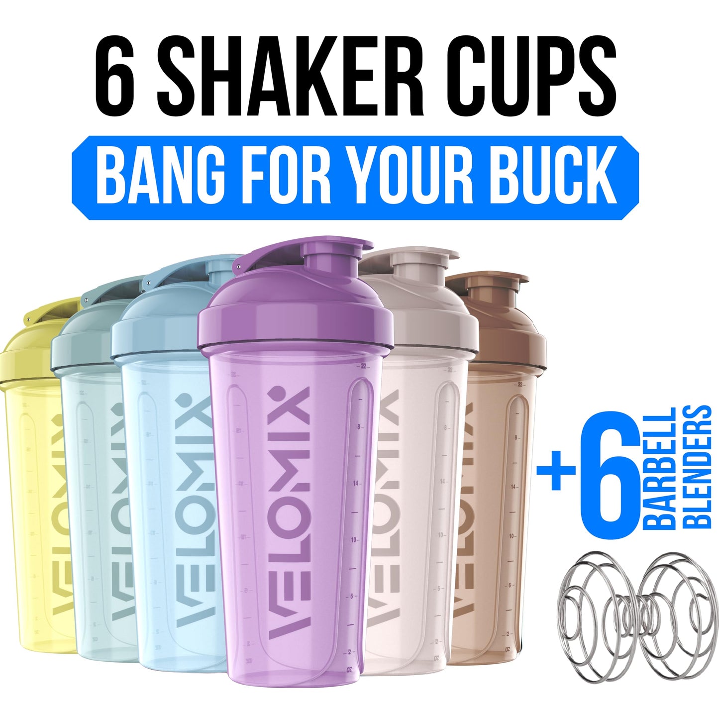 VELOMIX Protein Shaker Bottle 6-Pack (28oz) – Includes 6 Wire Whisks | Leak-Proof Shaker Cups for Protein Shakes & Pre-Workout Drinks | Durable Mixing Bottles for Gym, Fitness, and Smoothies (Pastel Power Series)