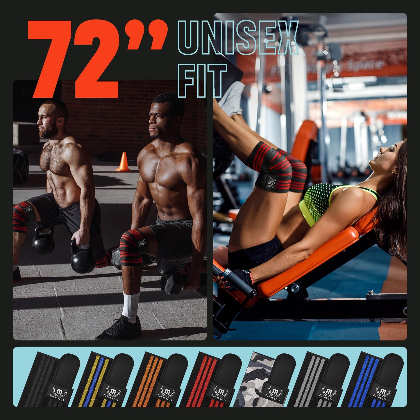 72" Elastic Knee Wraps for Men and Women, Pair of Compression Straps for Squats, Weightlifting, Cross Training, and Gym Workouts