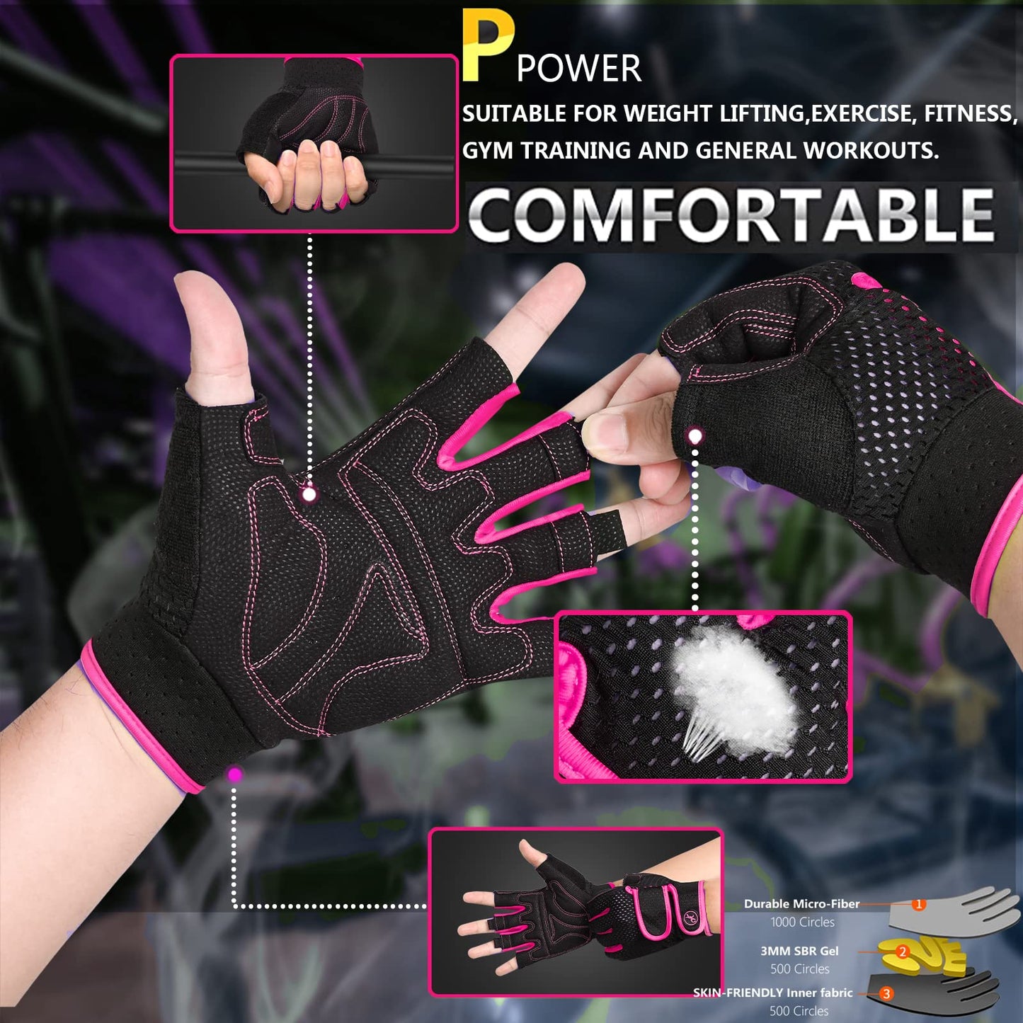 Padded Weight Lifting Gloves for Men and Women, 3MM Gel Fingerless Grip Gym Gloves for Exercise, Pull Ups, Cycling, and Rowing