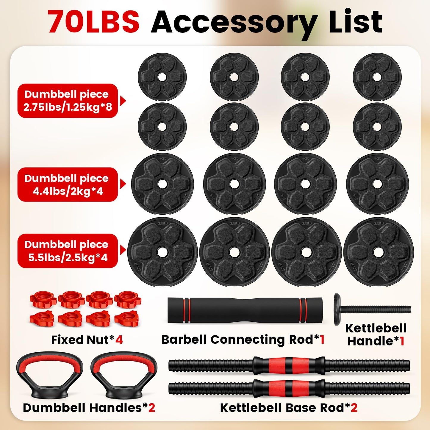 Adjustable 4-in-1 Dumbbell Set 20/33/45/70/90 lbs, Converts to Barbell, Kettlebell and Push-Up Stand for Home Gym Fitness