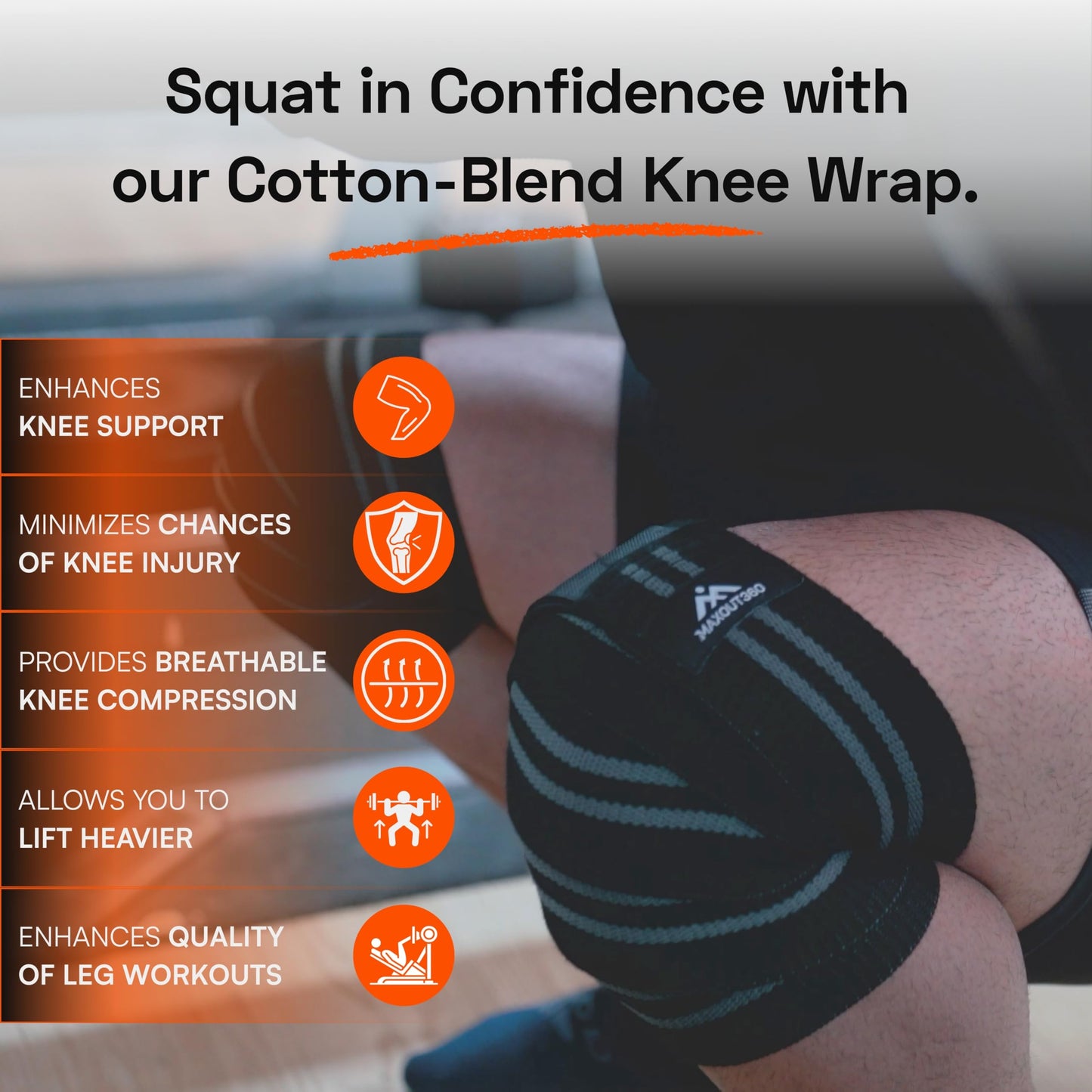 Knee Wraps for Weightlifting (Pair) – 78" Cotton Elastic Knee Straps for Squats, Leg Workouts & Powerlifting – Compression Support Wraps for Strength Training, Gym & Fitness – Black