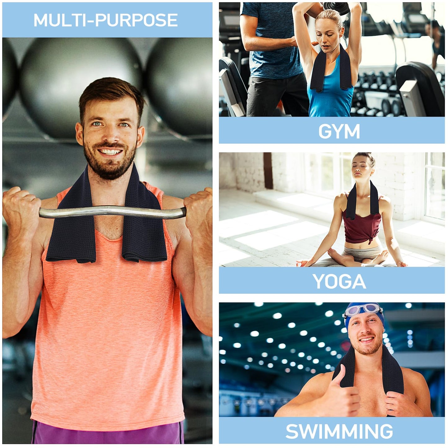 Microfiber Gym Towel Set (3 Pack, Pure Black) – Super Soft, Quick-Drying, and Absorbent Towels for Men & Women – Perfect for Fitness, Yoga, Cycling, and Swimming