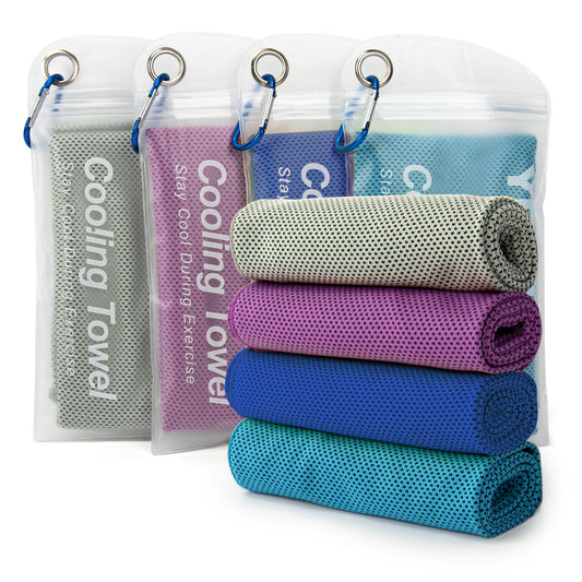 YESLIFE 4 Pack Cooling Towels (40"x12") – Soft, Breathable Gym Towels for Men & Women | Quick Dry Workout Towels for Yoga, Running, Sports & Outdoor Activities (Grey, Dark Blue, Purple, Blue)