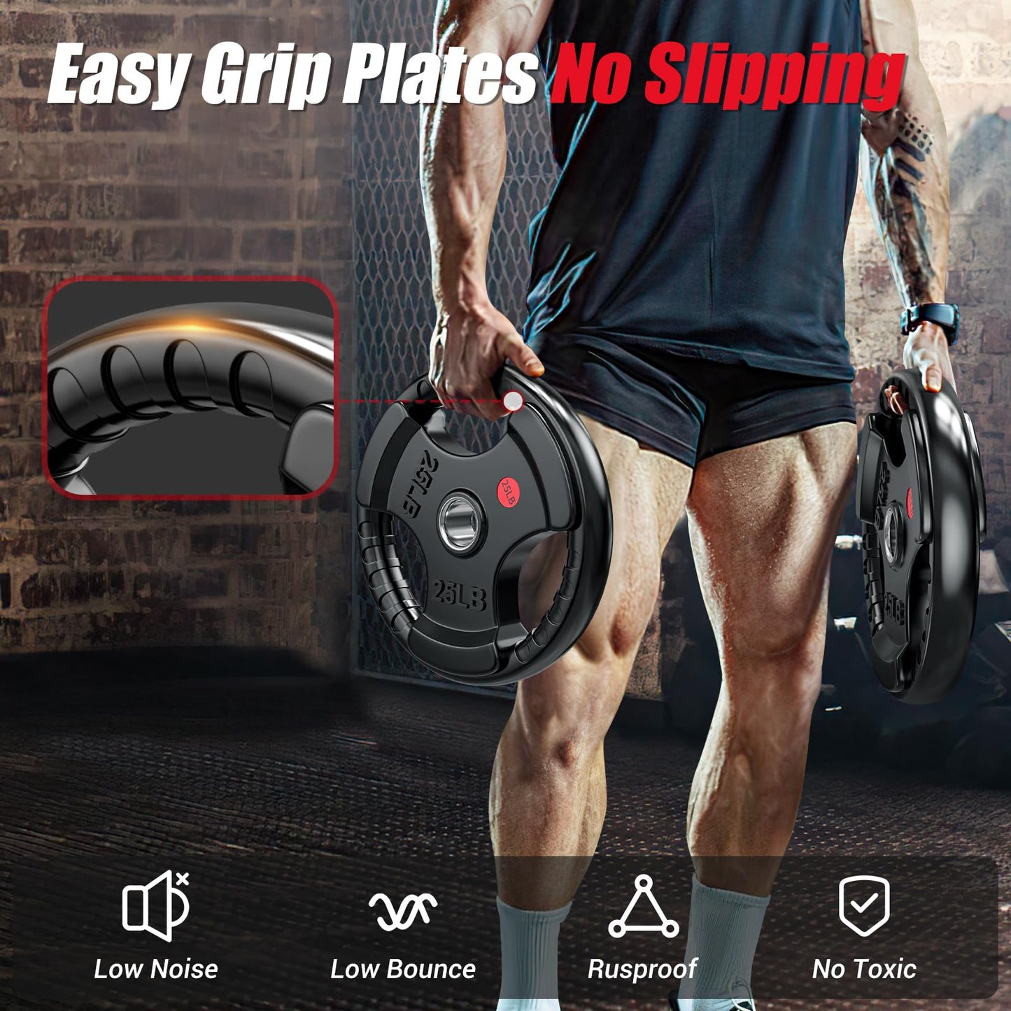 GIKPAL 2-Inch Rubber Olympic Grip Weight Plates, Barbell Plates for Strength Training and Weightlifting – 2.5/5/10/25/35/45 lbs Options for Home or Gym